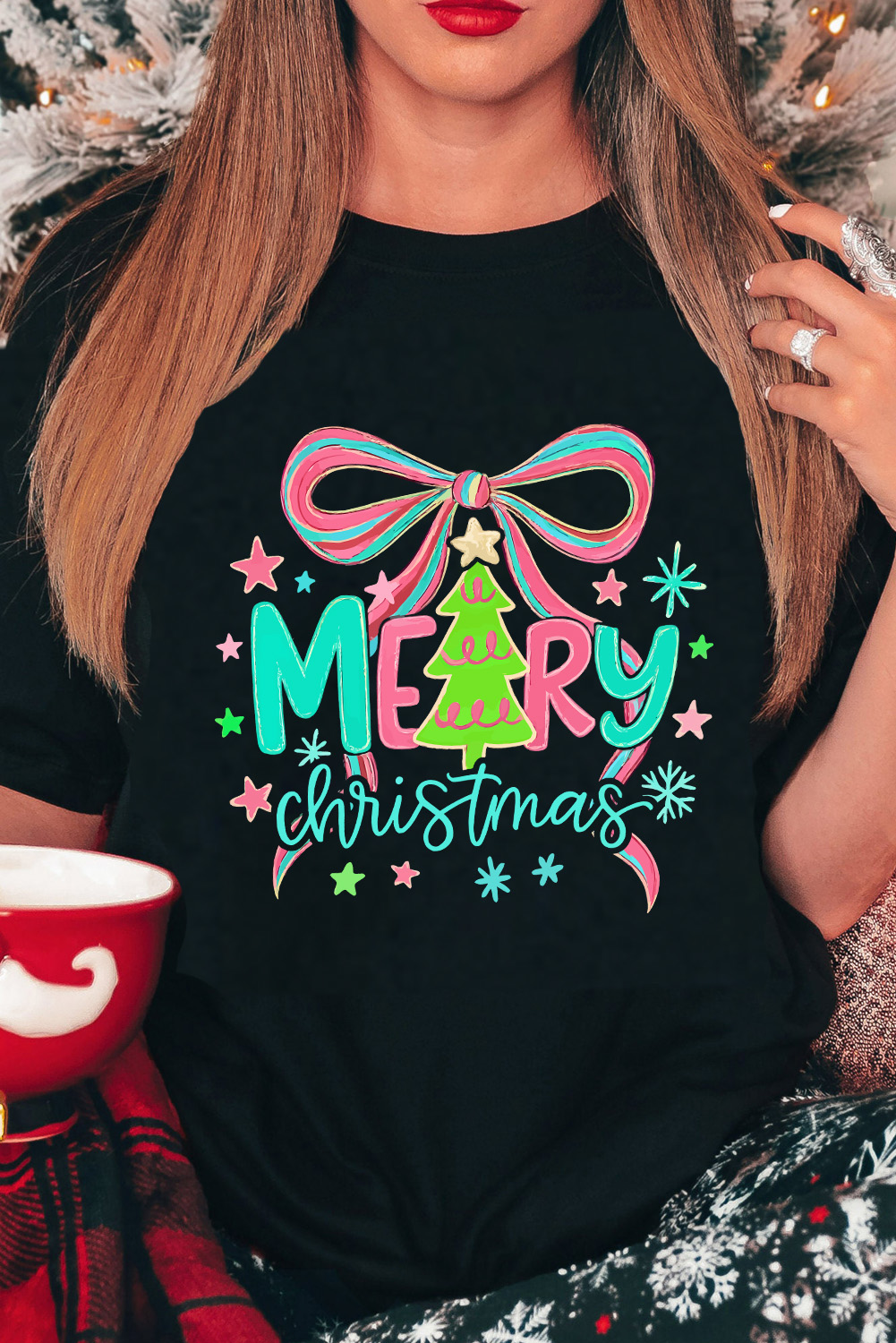 Black MERRY Christmas Vibrant Bow Print T Shirt - loveforevers