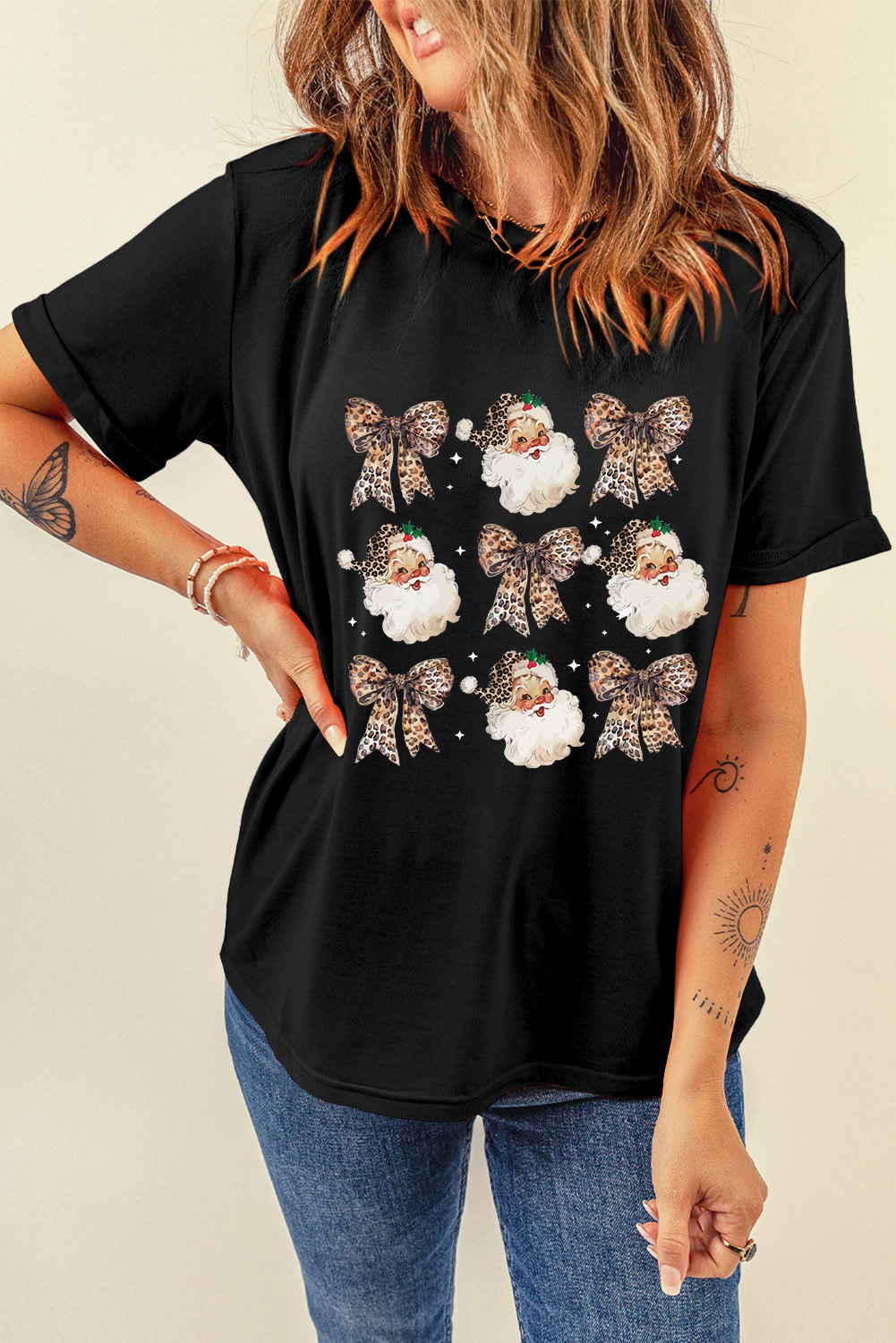 Black Santa Claus Leopard Bow Print Crew Neck Casual T Shirt - loveforevers