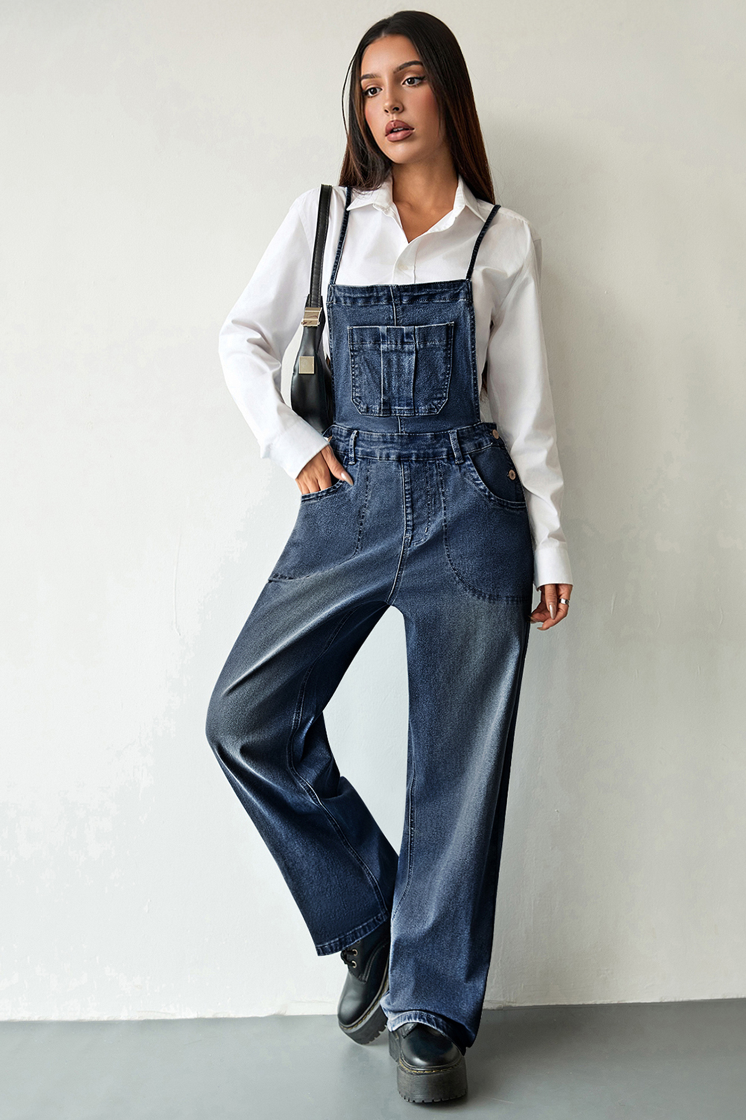 Dark Blue Crossed Tie Straps Bib Pocket Loose Denim Overalls - loveforevers