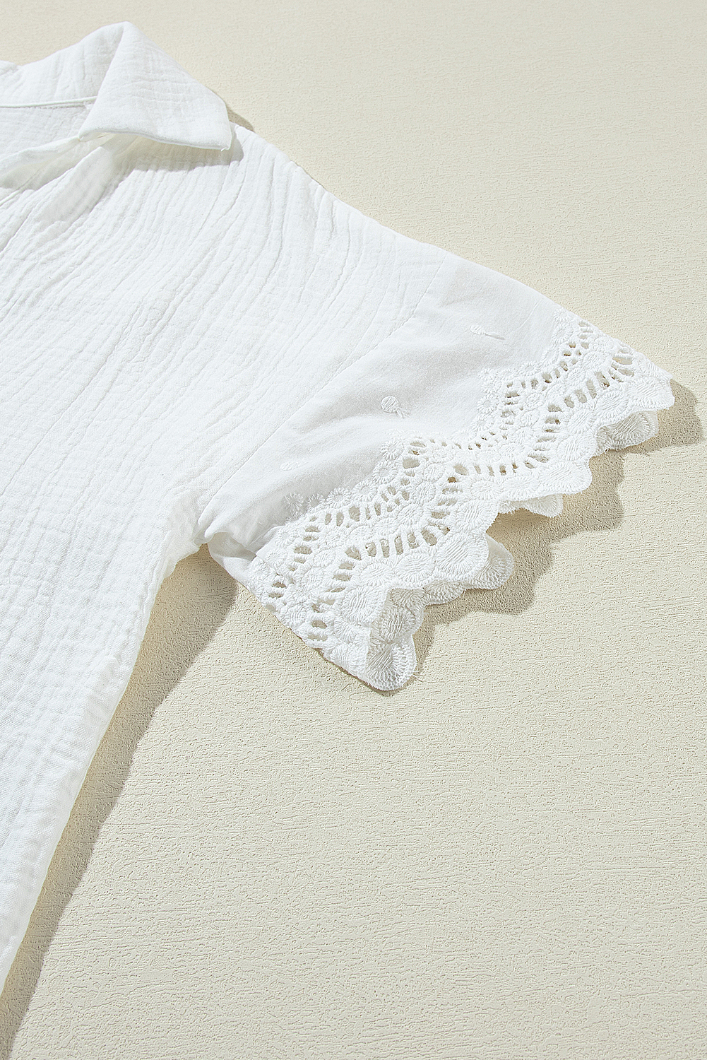 White Crinkled Lace Splicing Sleeve Collared V Neck Blouse - loveforevers