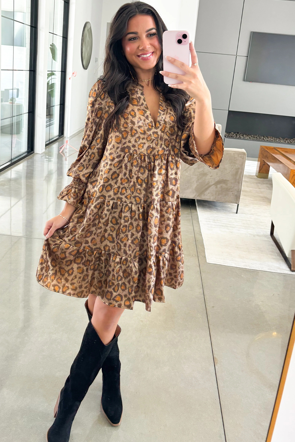 Khaki Leopard Print V Neck Ruffled Sleeve Tiered Loose Mini Dress - loveforevers