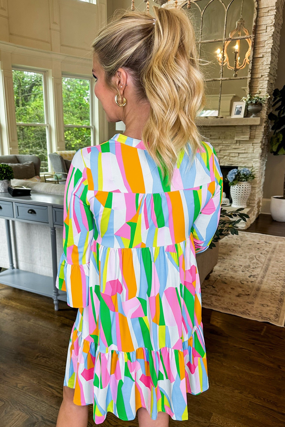 Green Abstract Print Ruffled Sleeve V Neck Dress - loveforevers