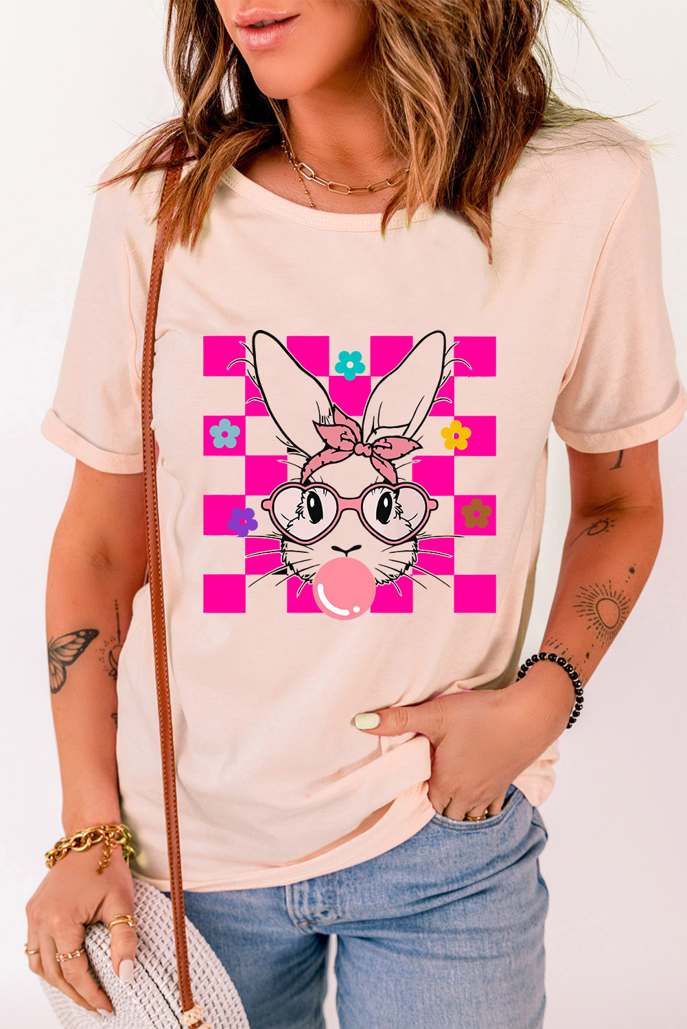 White Rabbit Bow Knot Print Crew Neck T Shirt - loveforevers