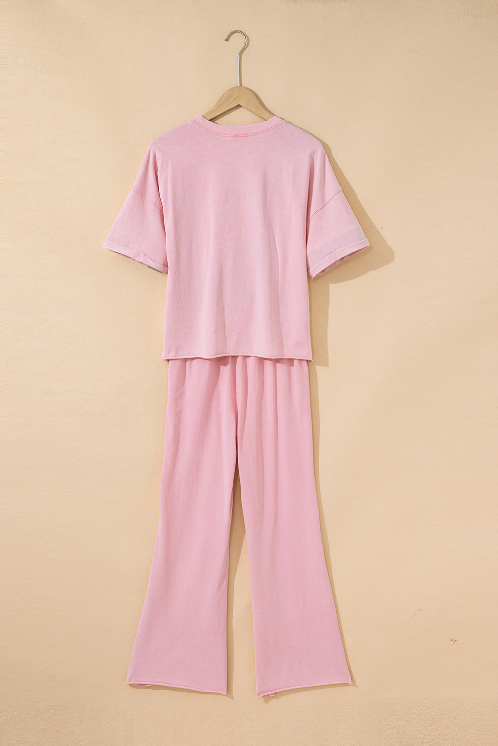 Light Pink Acid Wash Star Patched Rolled Trim Pants Set - loveforevers