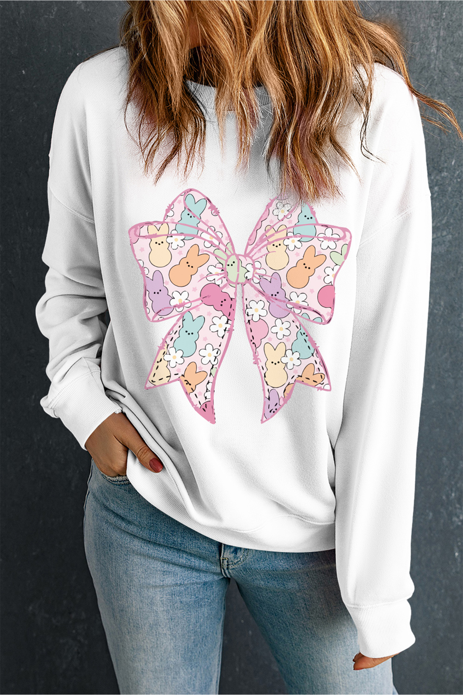 White Easter Bunny Bow Printed Casual Sweatshirt - loveforevers