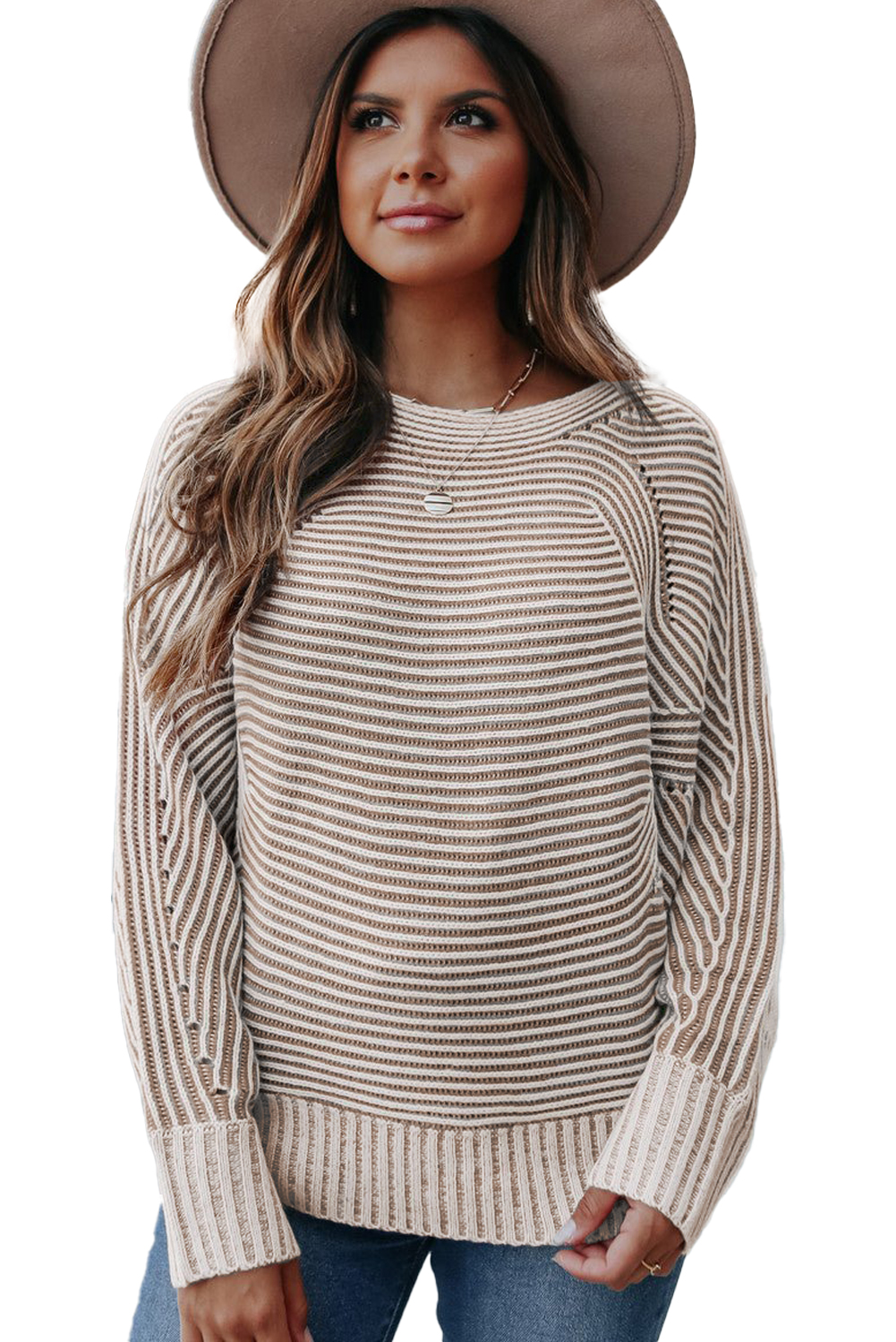 Coffee Striped Print Ribbed Knit Boat Neck Baggy Sweater - loveforevers