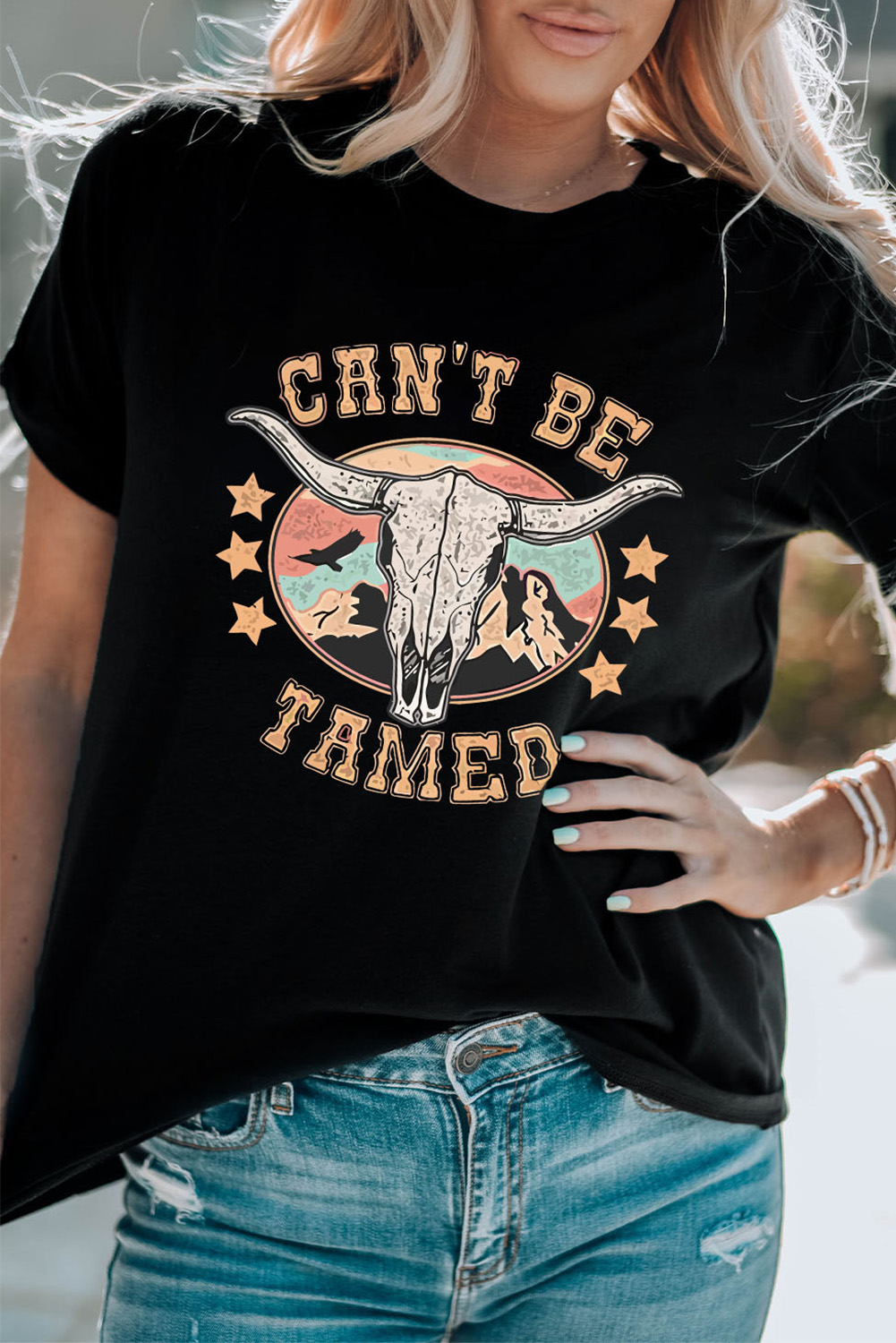 White Bull Skull American Flag Graphic Tee - loveforevers