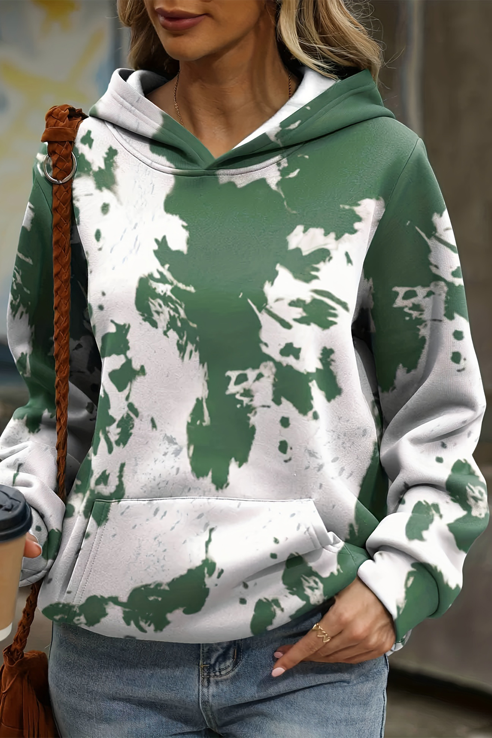 Green Tie Dye Print Kangaroo Pocket Loose Hoodie - loveforevers