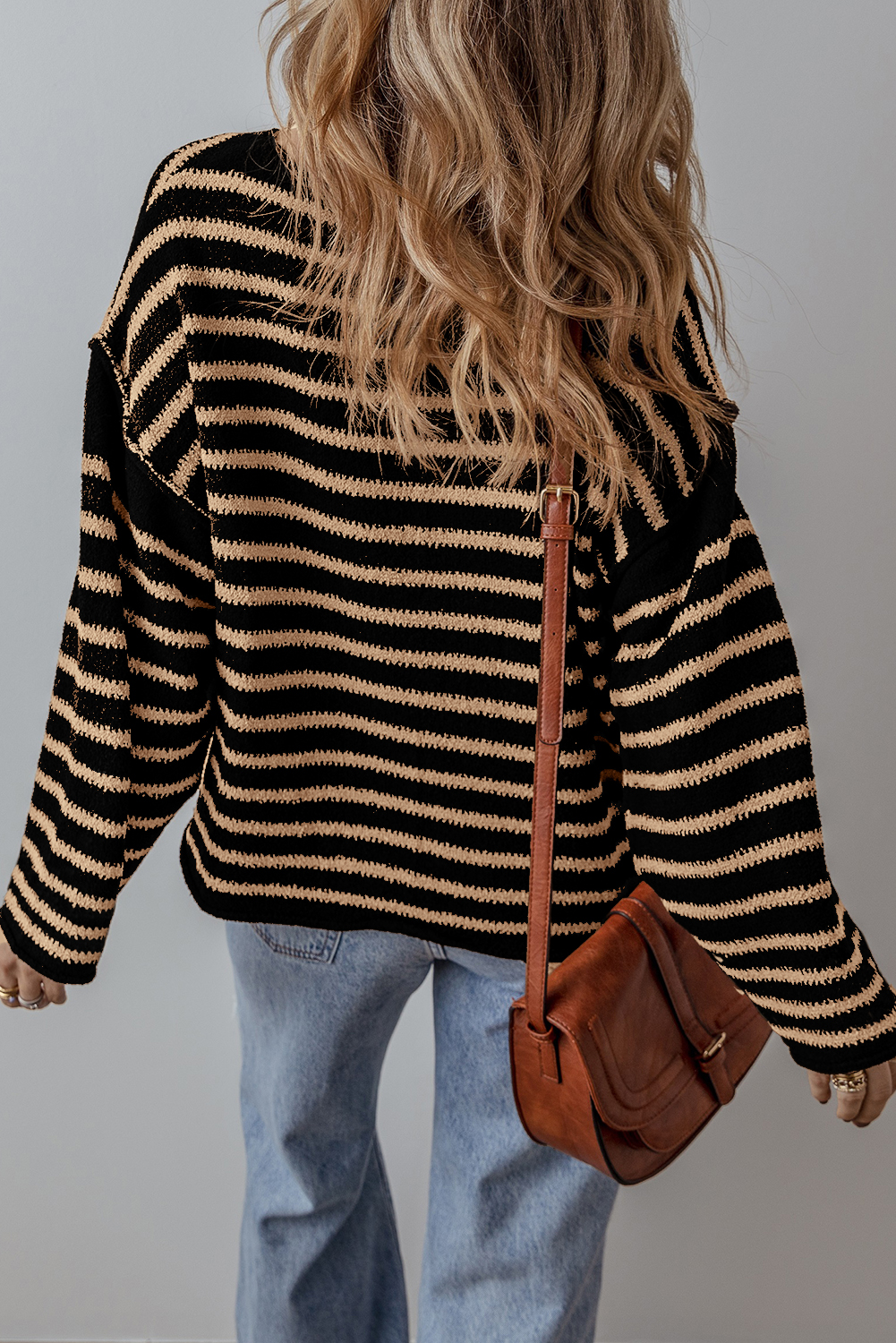 Black Stripe Drop Shoulder Round Neck Loose Sweater - loveforevers