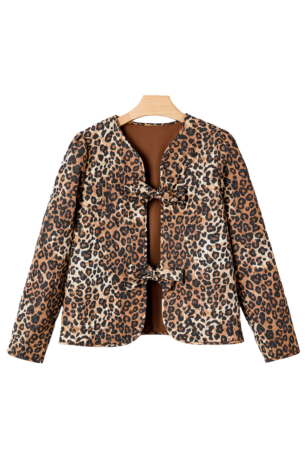 Khaki Leopard Quilted Tie Front Jacket - loveforevers