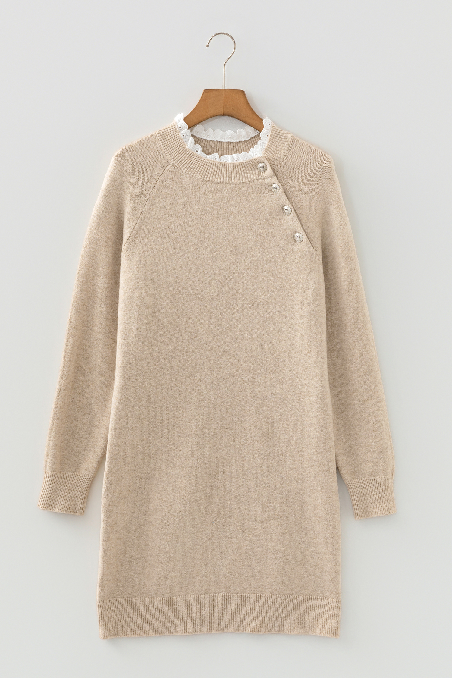 Parchment Button Lace Detail Raglan Sleeve Shift Mini Sweater Dress - loveforevers
