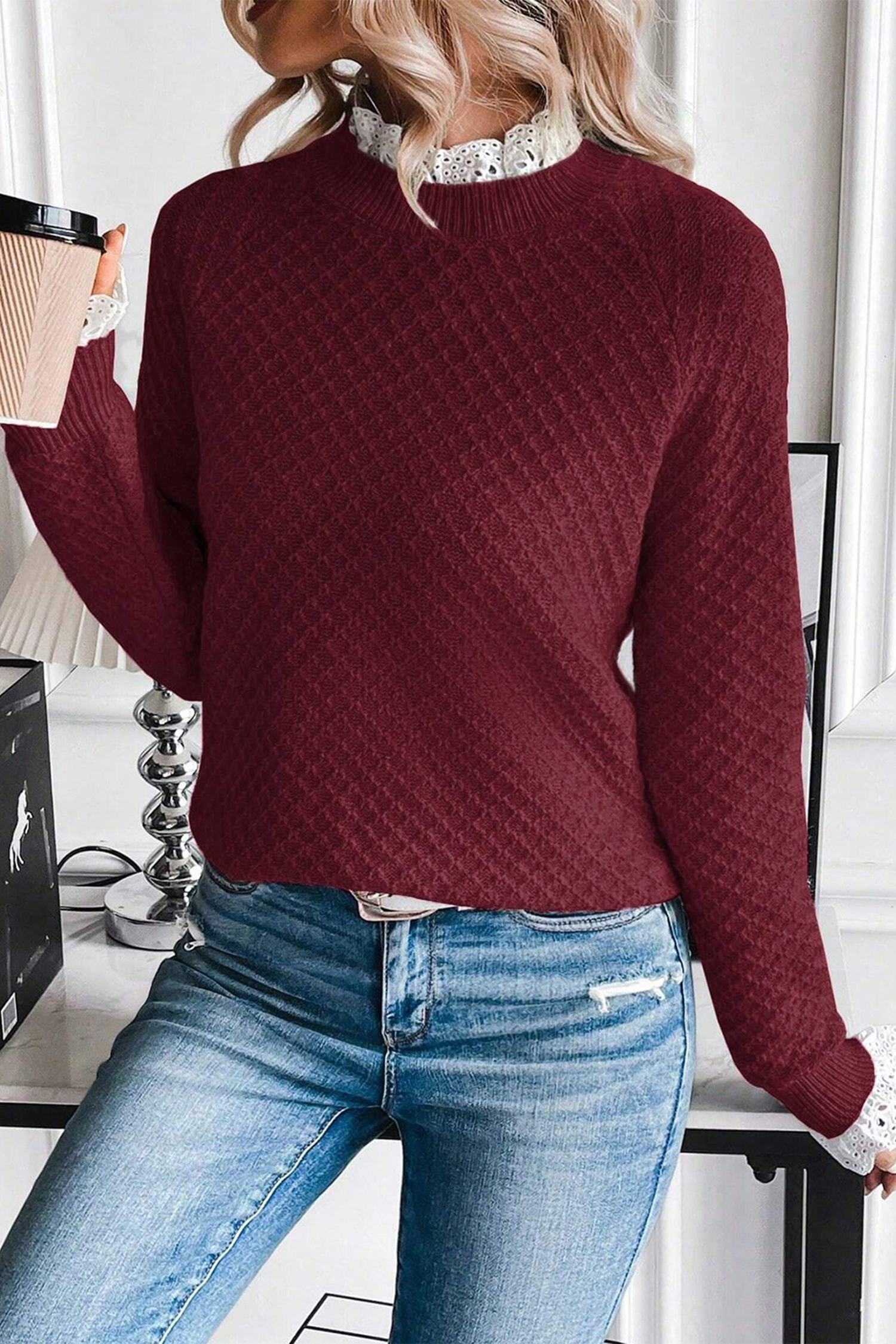 Burgundy  Contrast Lace Frilled Trim Raglan Sleeve Sweater - loveforevers