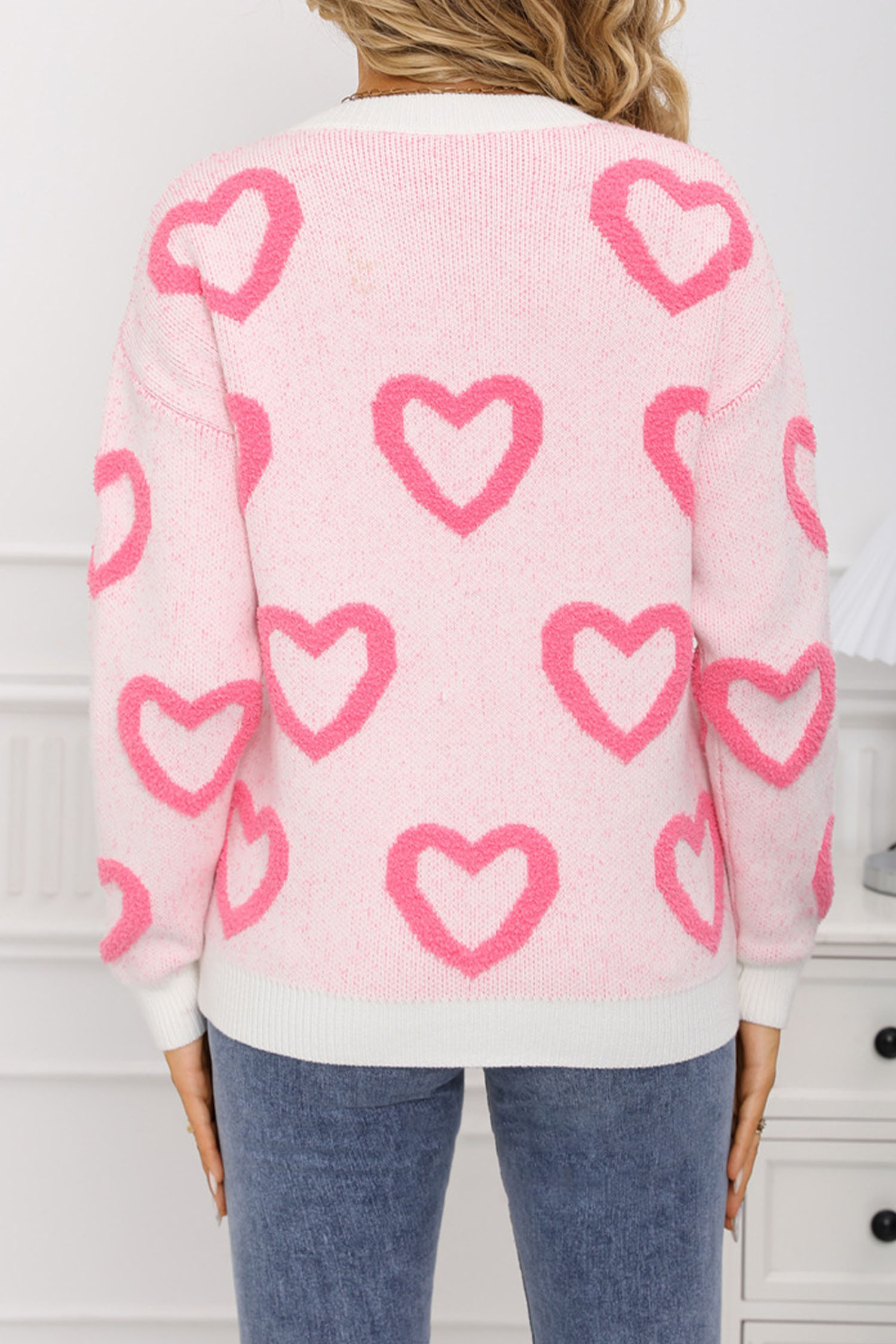 White Chenille Heart Print Valentines Day Sweater - loveforevers