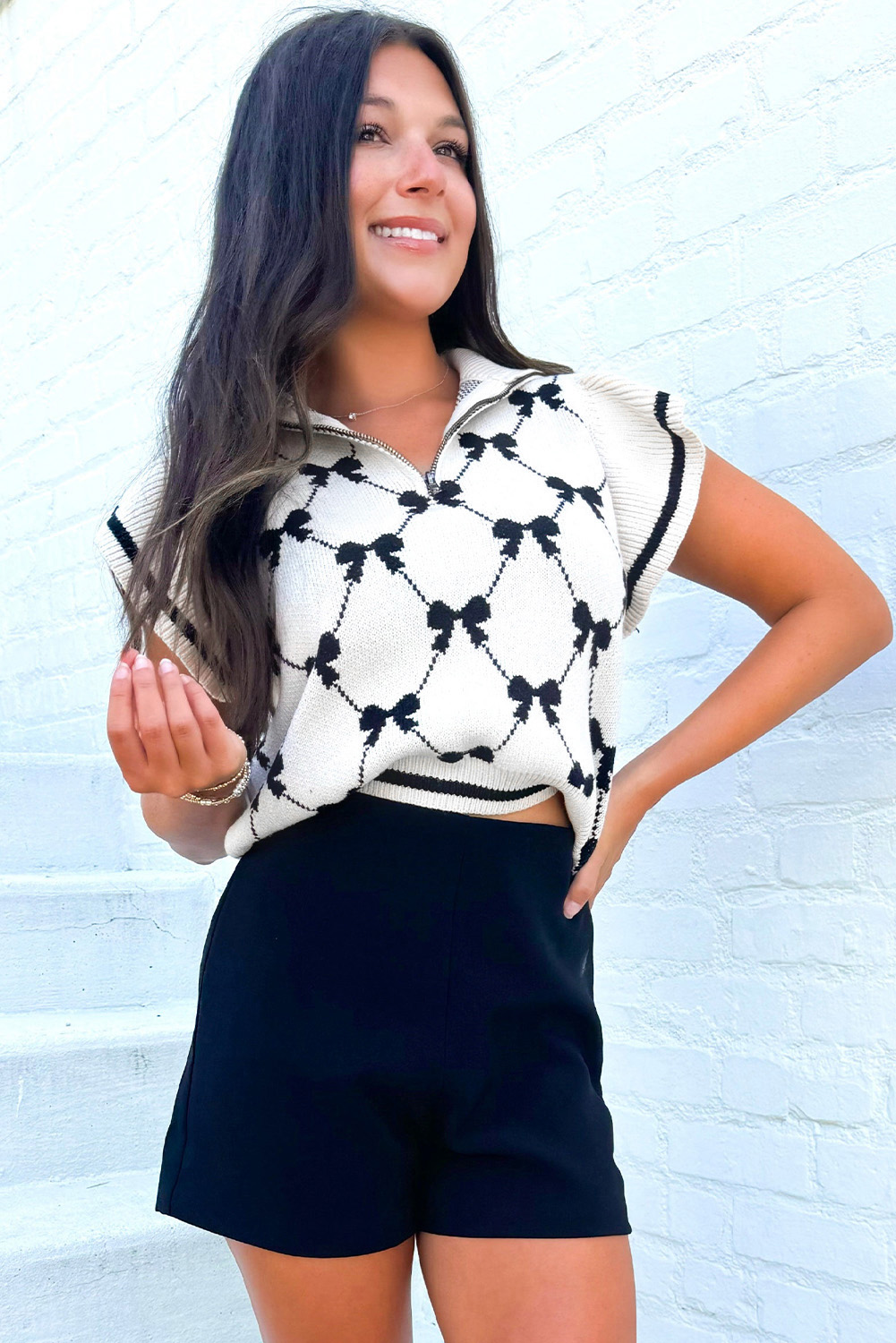 Black Preppy Vibes Bow Print Zipped Collar Sweater Tee - loveforevers