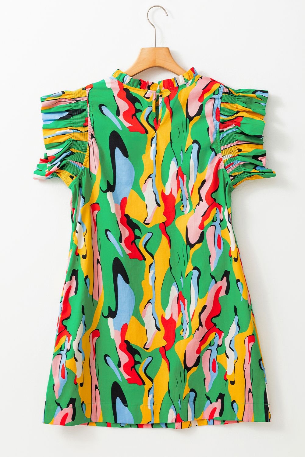 Green Abstract Print Frilled Neck Ruffled Sleeve Mini Dress - loveforevers