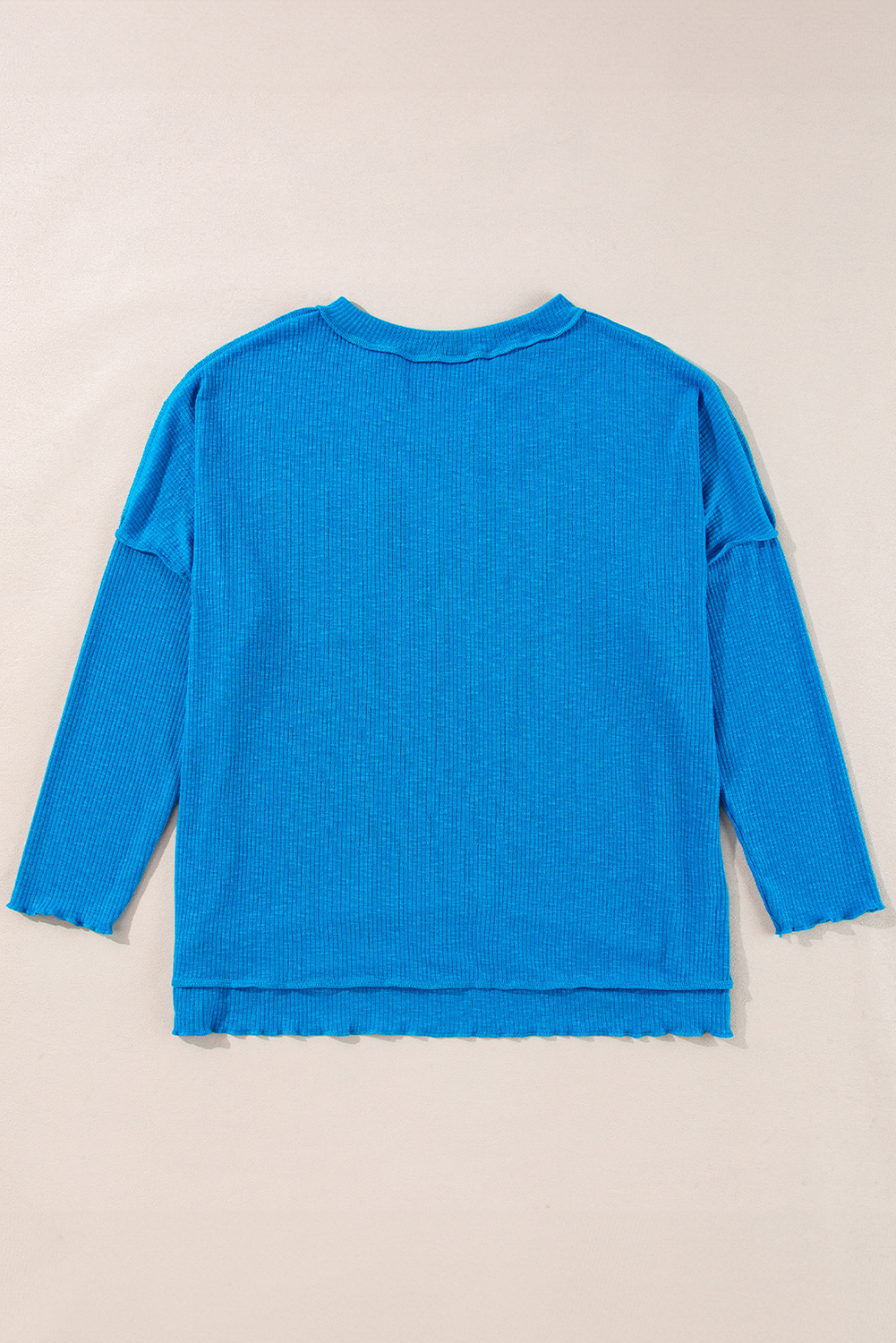 Blue Ribbed Exposed Seam Knit V Neck Long Sleeve Top - loveforevers