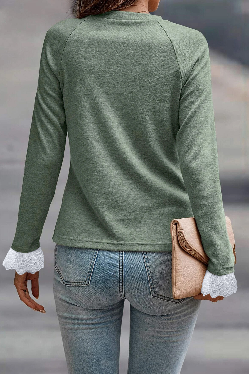 Parchment Seam Detail Lace Contrast Cuffs Raglan Sleeve Top - loveforevers