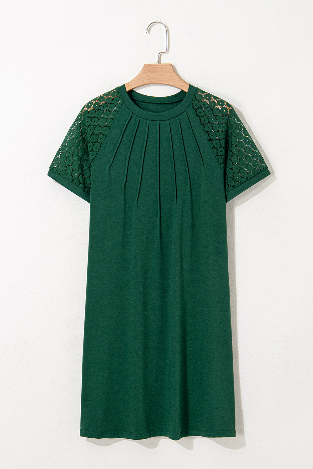 Navy Blue Contrast Lace Raglan Sleeve Pleated Detail Shift Dress - loveforevers