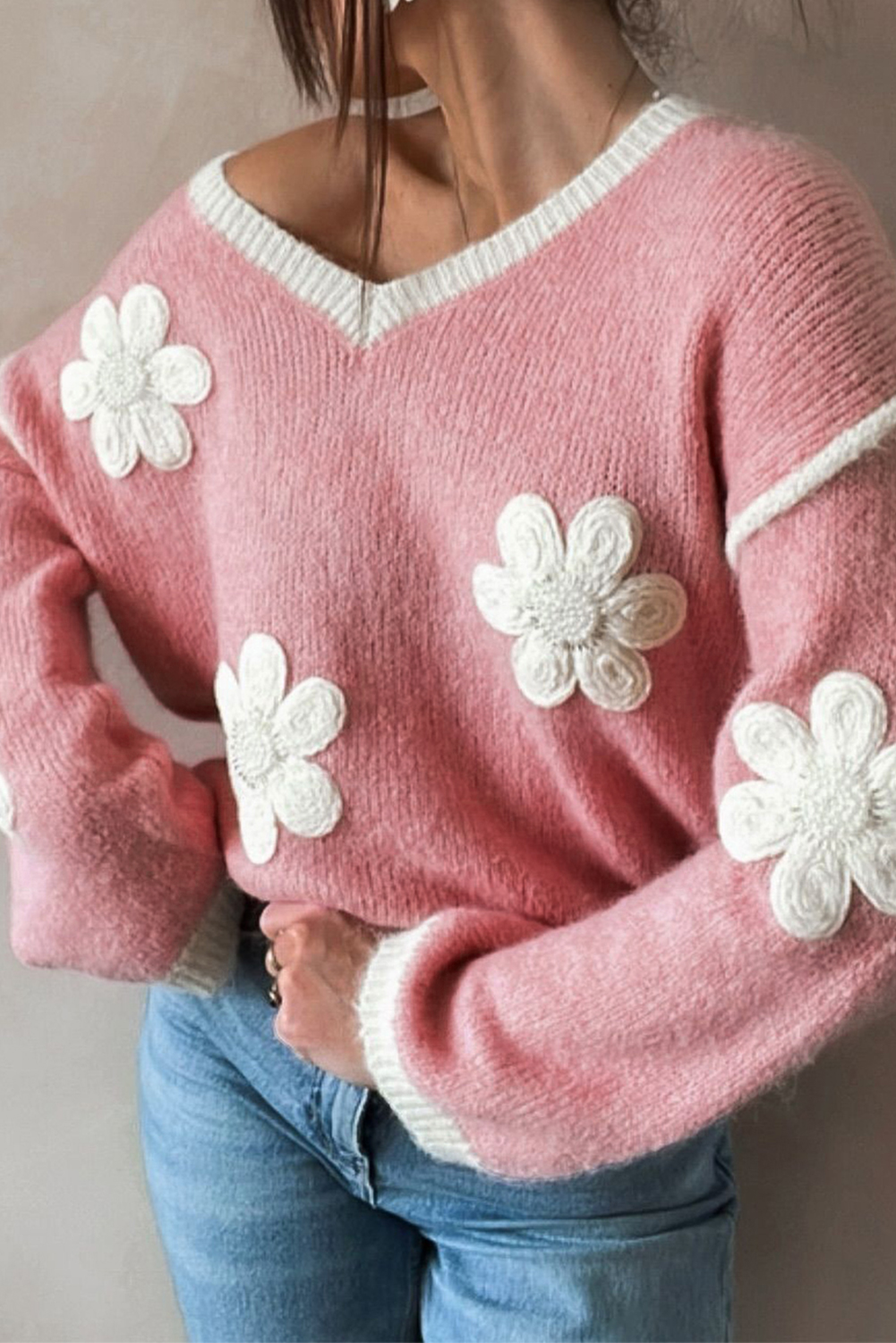 Pink Flower V Neck Dropped Shoulder Sweater - loveforevers