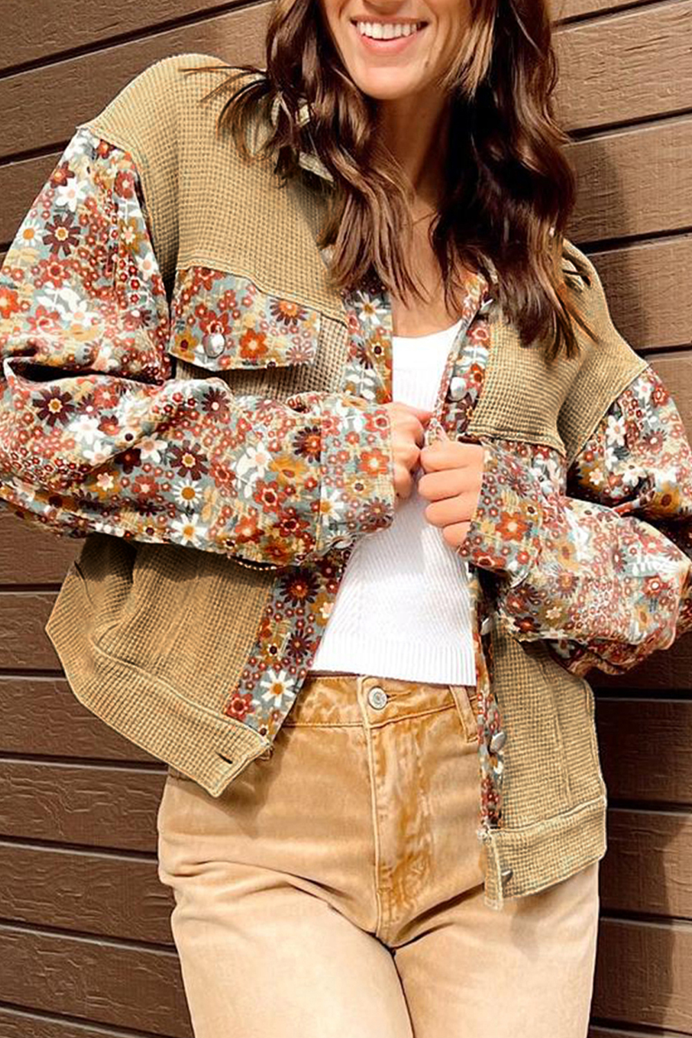 Khaki Waffle Knit Floral Print Patchwork Button up Jacket - loveforevers