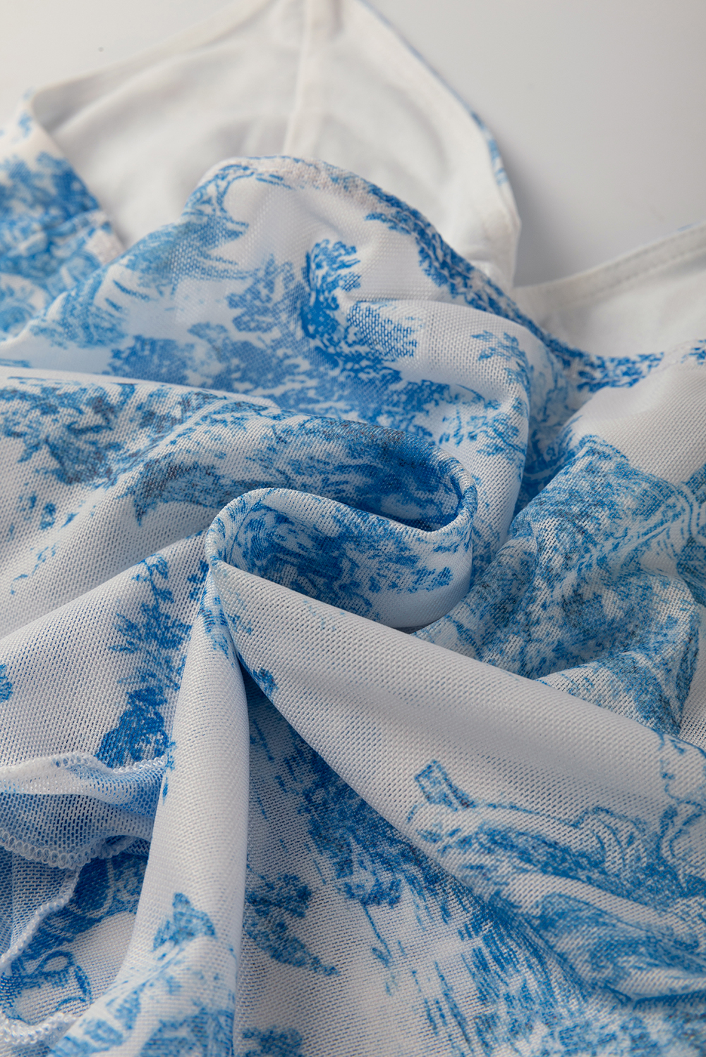 Sky Blue Random Printed Mesh Bow Detail Halterneck Tank Top - loveforevers