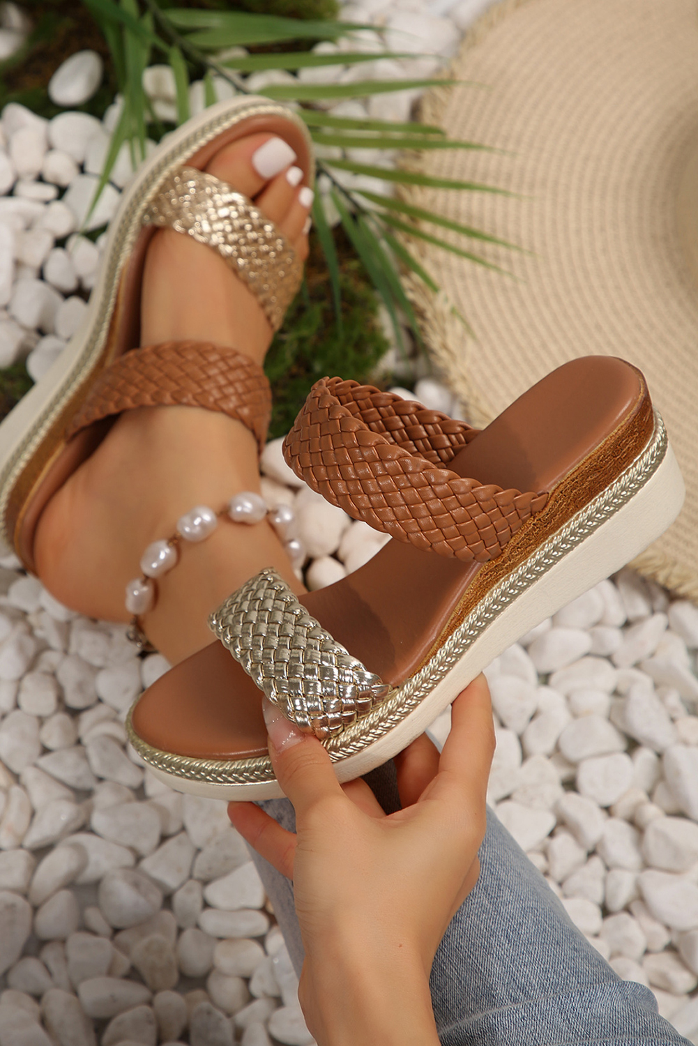 Gold Braided Dual Band PU Leather Wedge Slippers - loveforevers