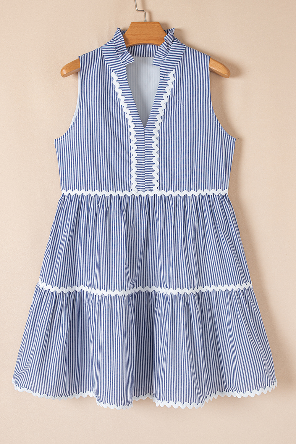 Blue Stripe Sleeveless Notched V Neck Contrast Ric Rac Mini Dress - loveforevers