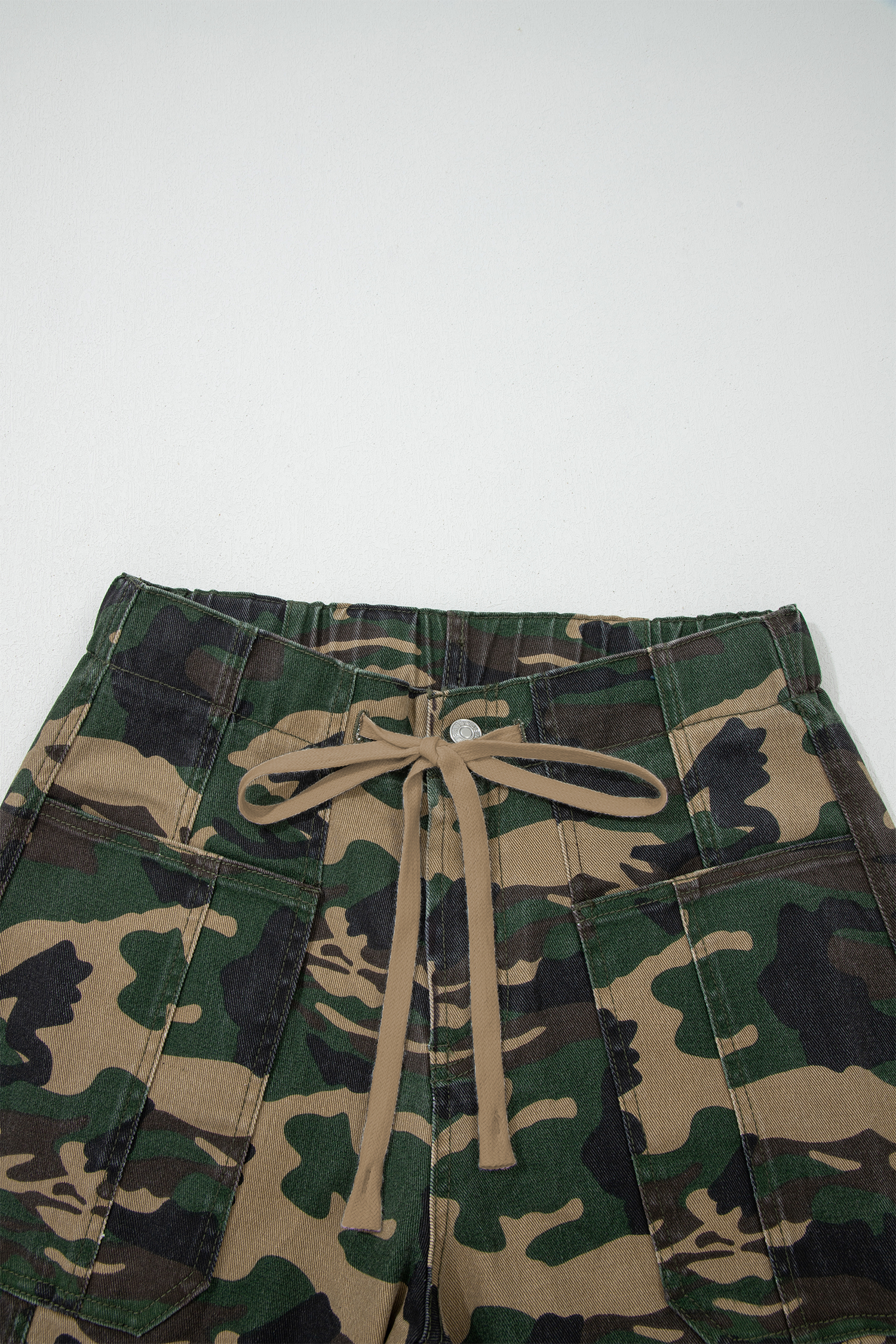 Green Camouflage Print Drawstring Patch Pocket Barrel Jeans - loveforevers