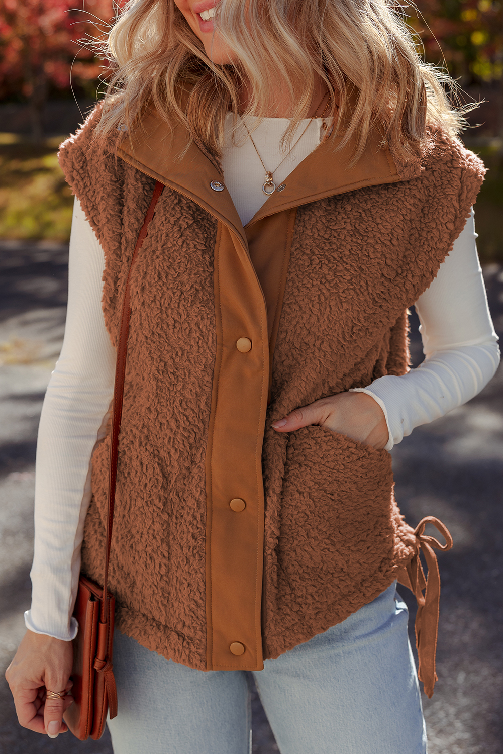 Cinnamon Faux Fur Snap Button Front Knot Side Plush Vest with Pockets - loveforevers