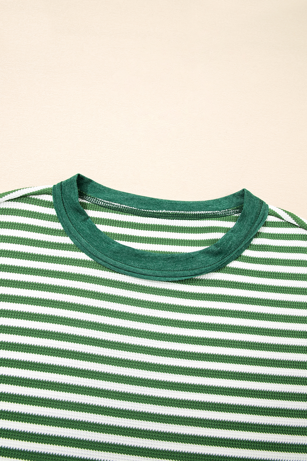 Dearlovers Green Stripe Thermal Knit Drop Shoulder Casual Top - loveforevers