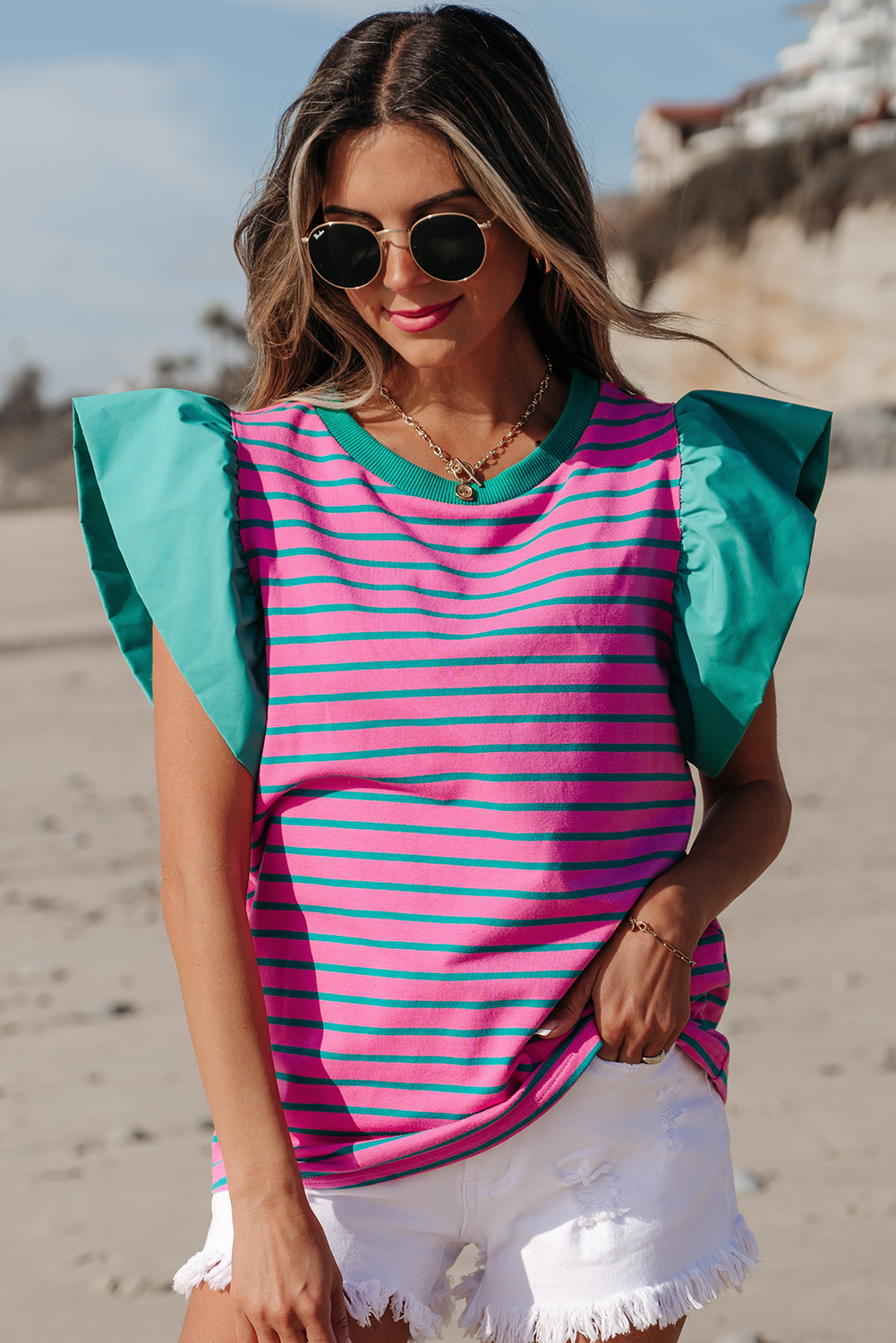 Pink Stripe Collared V Neck Puff Sleeve T Shirt Dress - loveforevers