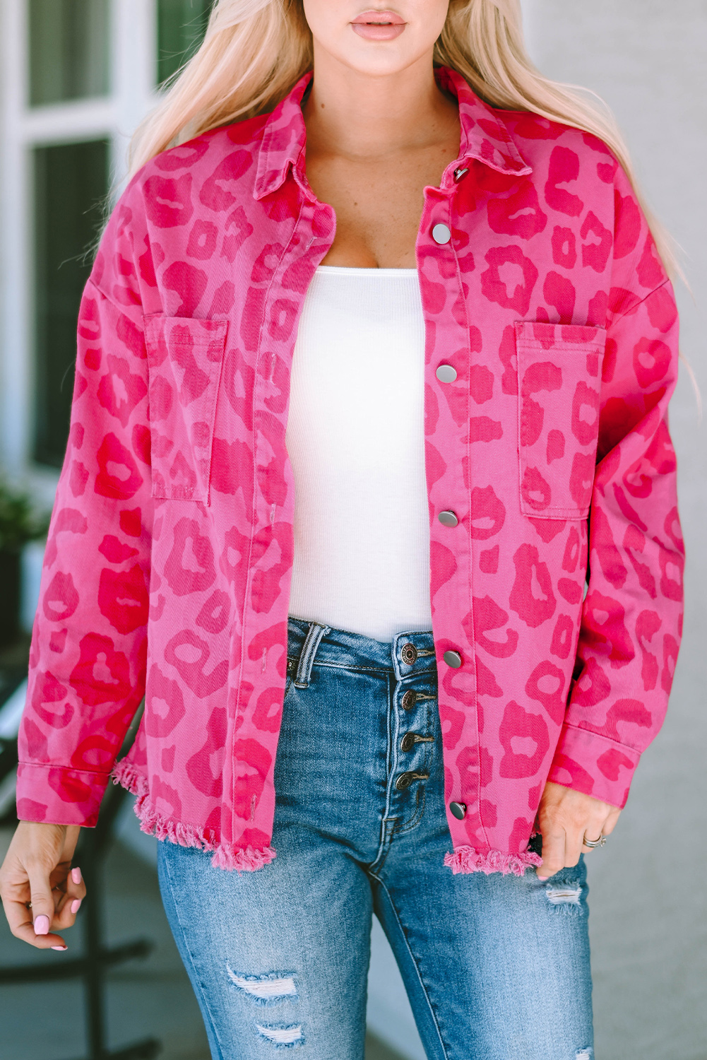 Pink Leopard Print Button Cuffs Raw Hem Jacket - loveforevers
