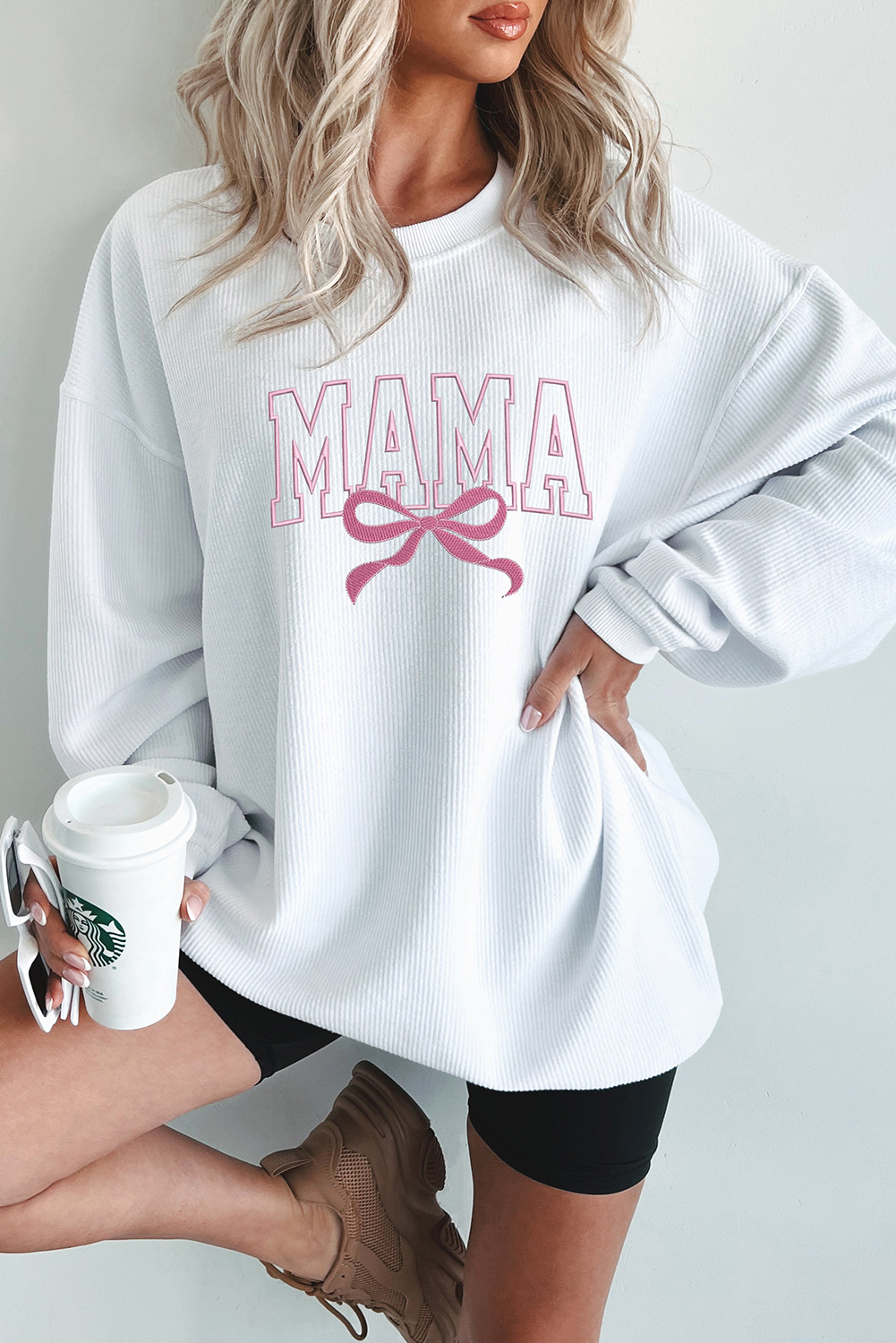 White MAMA Bowknot Embroidered Ribbed Pullover Sweatshirt - loveforevers