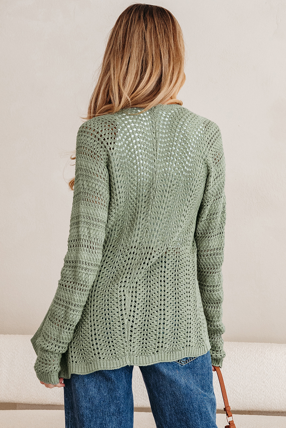 Green Bay Scalloped Edge Eyelet Knit Batwing Sleeve Cardigan - loveforevers