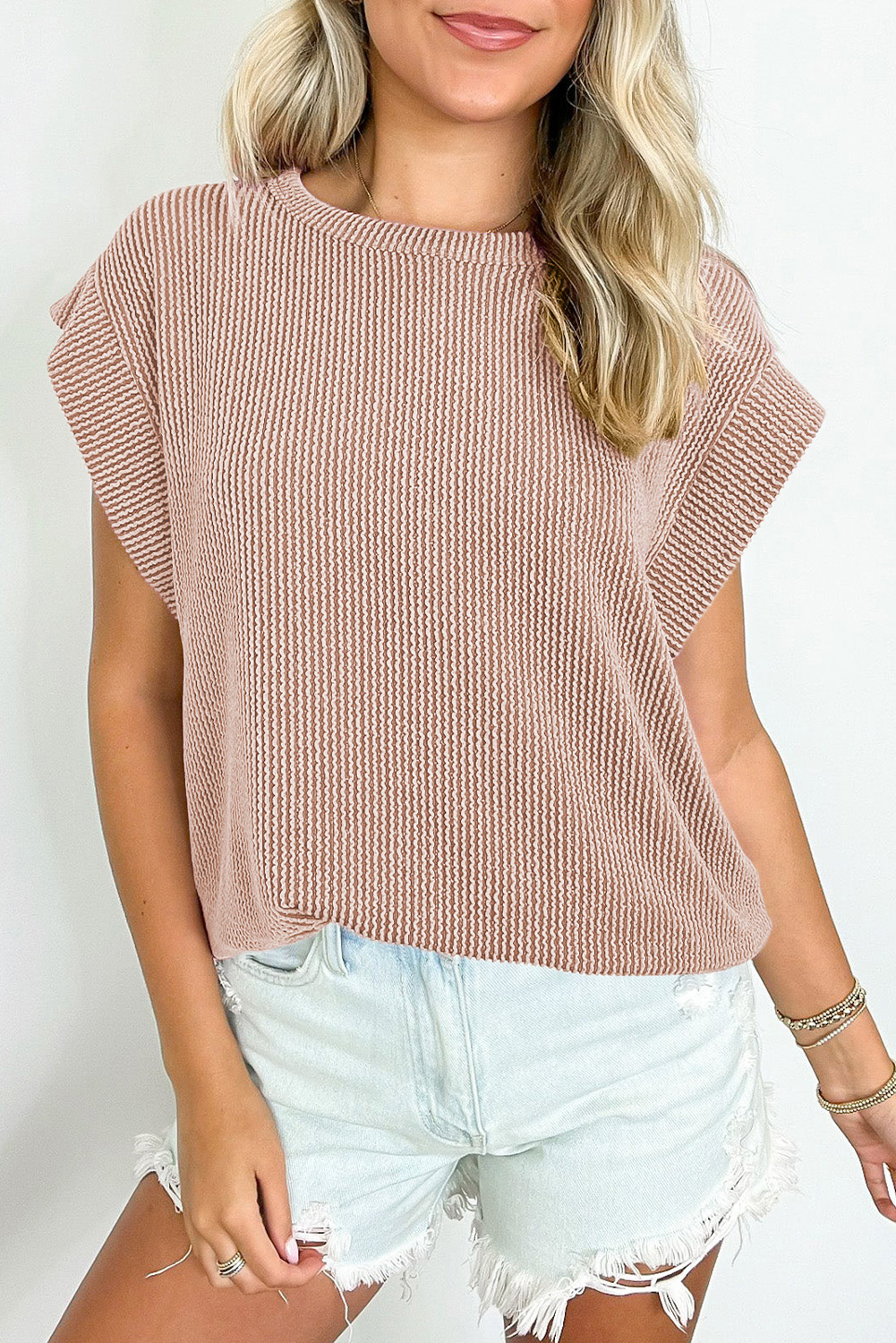 Gray Twisted Rib Wide Sleeve Crew Neck T Shirt - loveforevers
