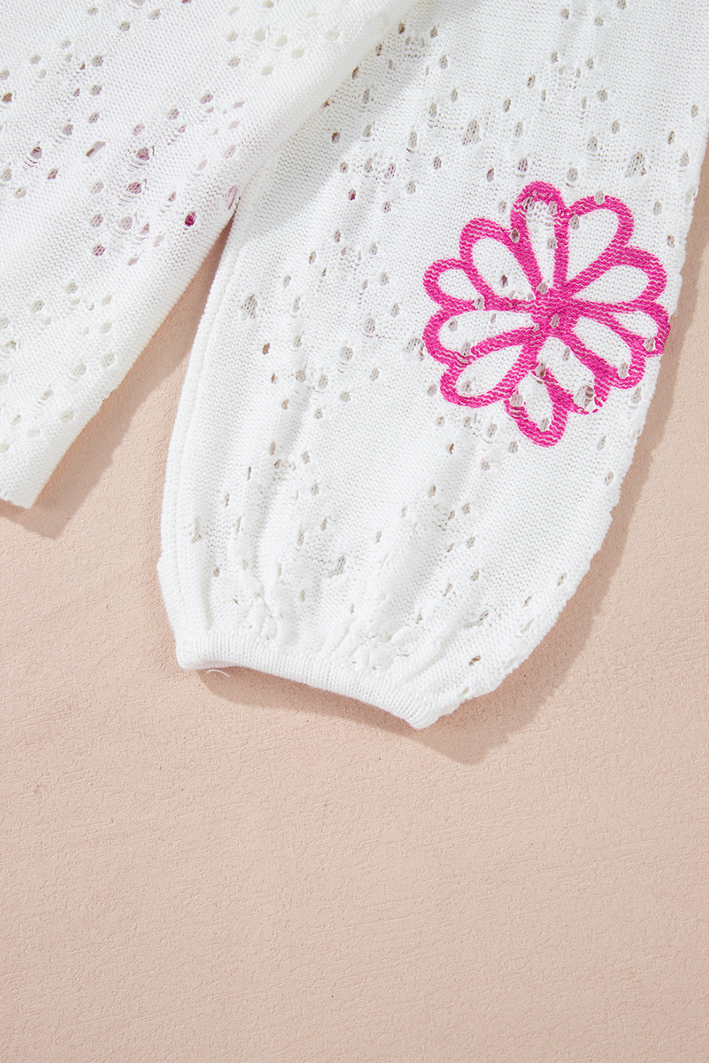Beige Contrast Flower Print Eyelet Drop Shoulder Sweater - loveforevers