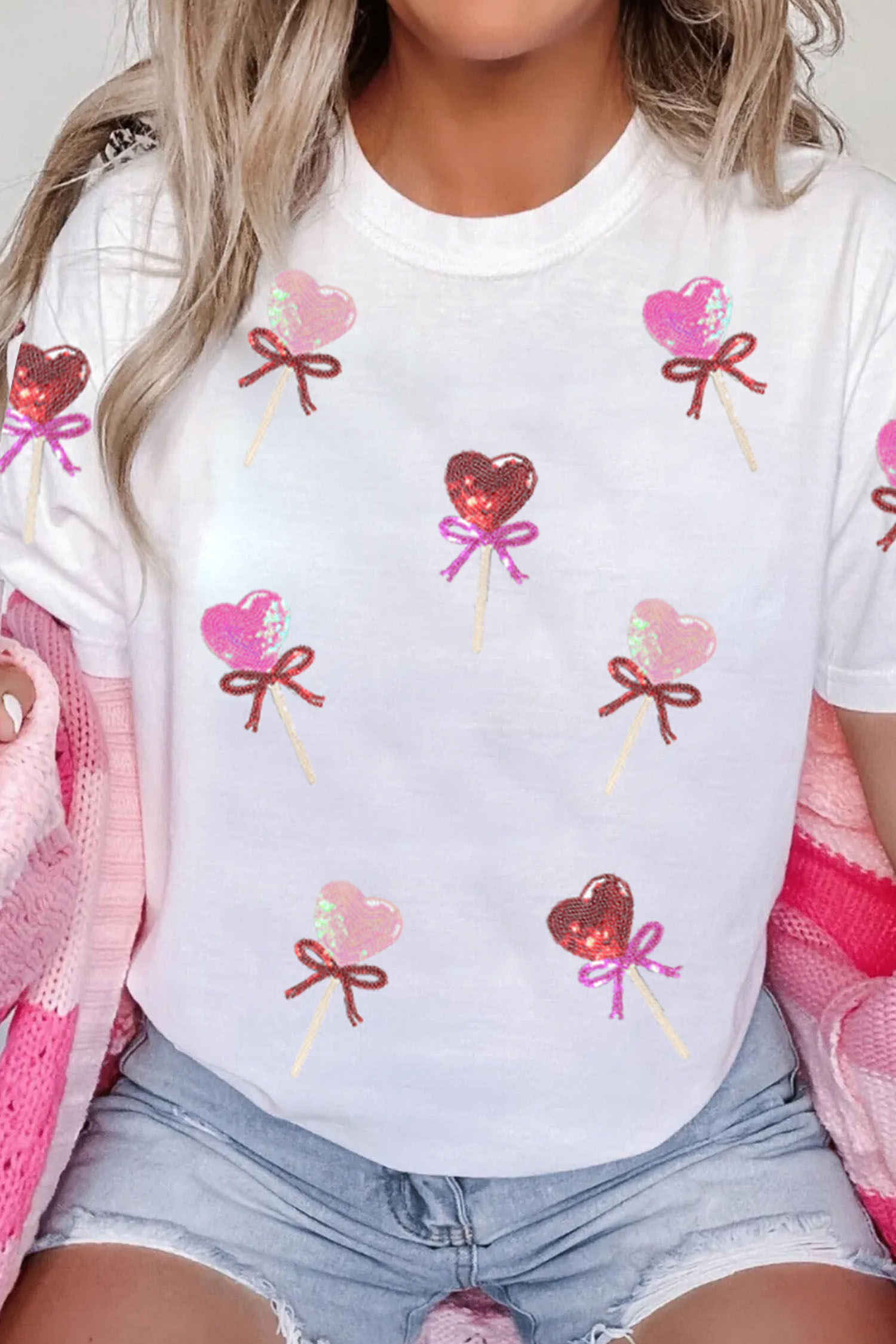 White Sequin Bow Heart Shape Lolly Valentines Day Graphic Tee - loveforevers