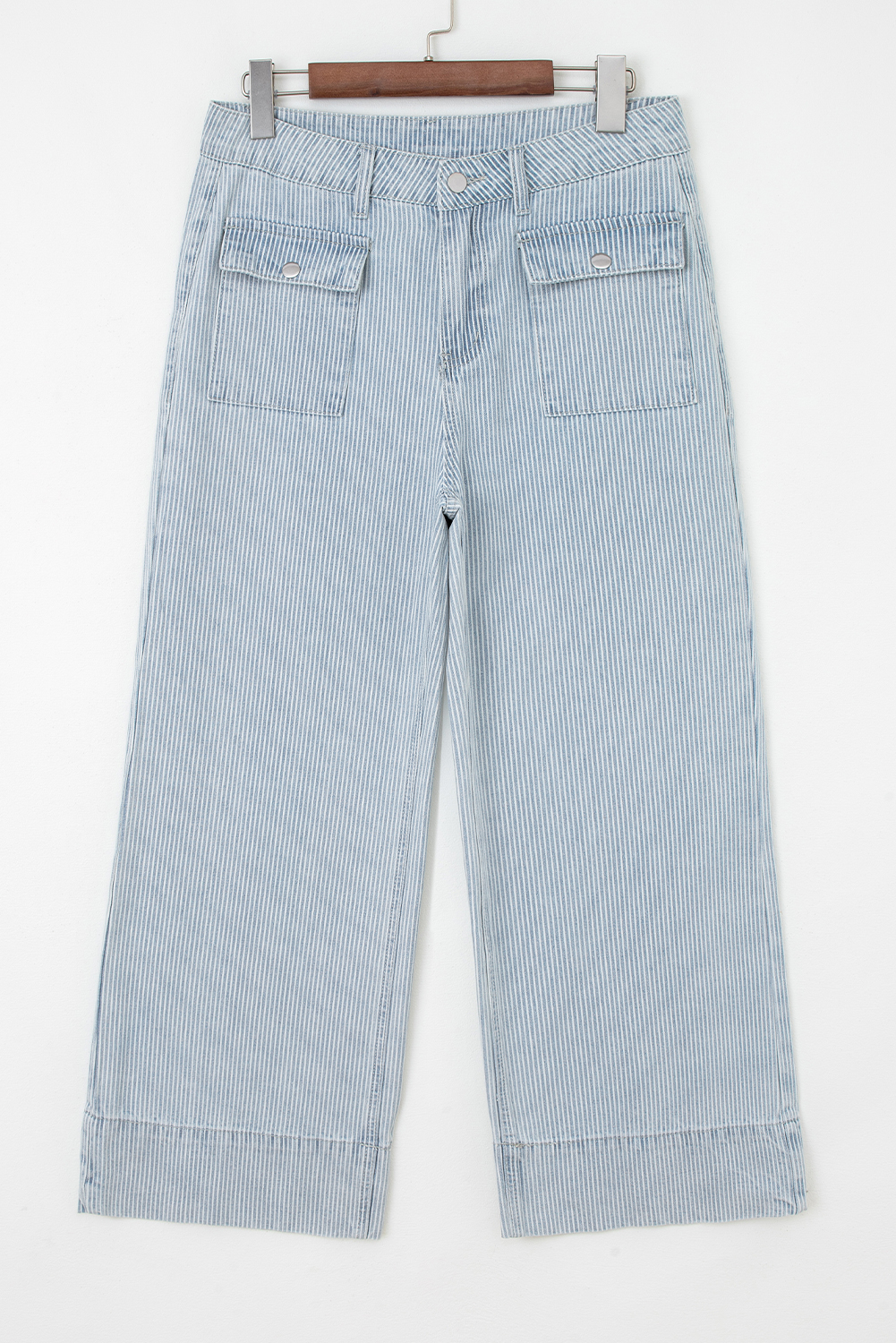 Sky Blue Stripe Button Flap Pocket Cuffed Hem Wide Leg Jeans - loveforevers