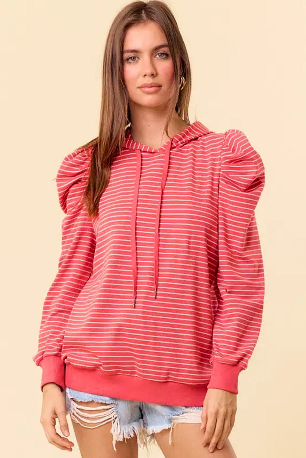 Red Stripe Puff Sleeve Stripe Hoodie - loveforevers