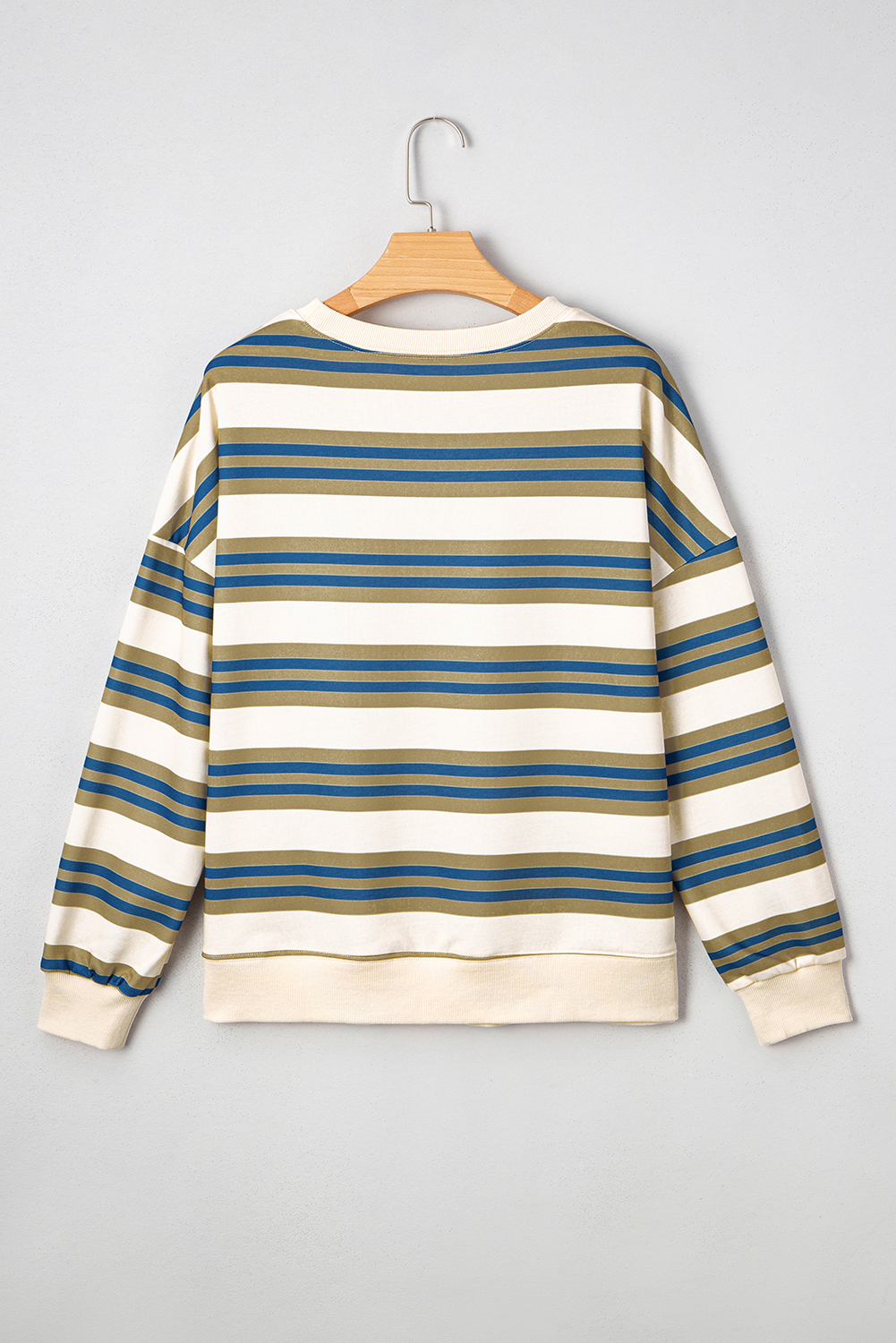 Khaki Stripe Crew Neck Drop Shoulder Pullover Sweatshirt - loveforevers