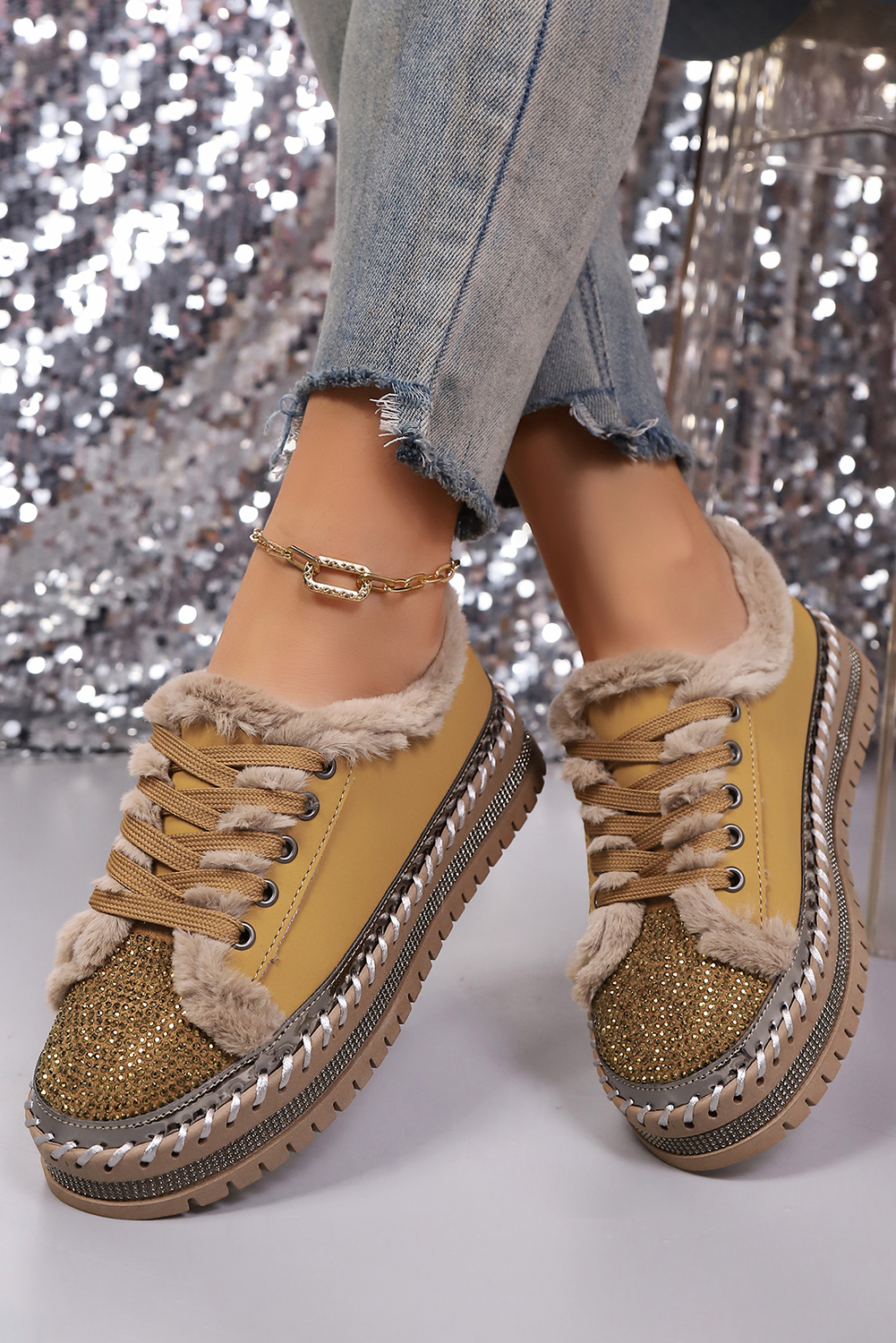 Thai Curry Rhinestone Embellished Faux Fur Lining Lace-Up Flat Shoes - loveforevers