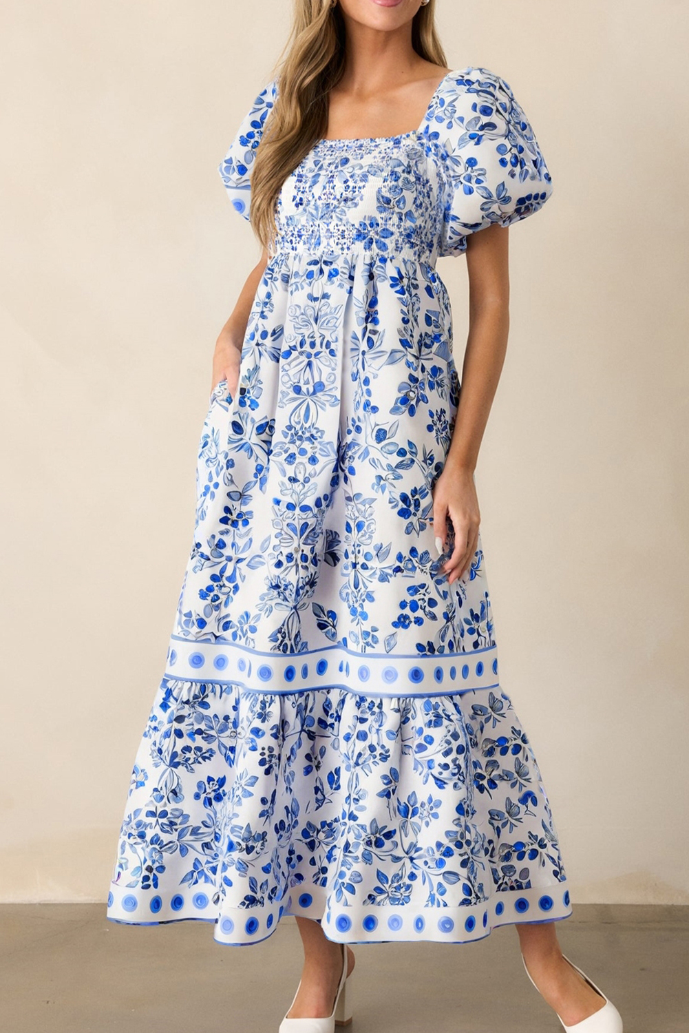 Sky Blue Floral Print Square Neck Bubble Sleeve High Waist Maxi Dress - loveforevers