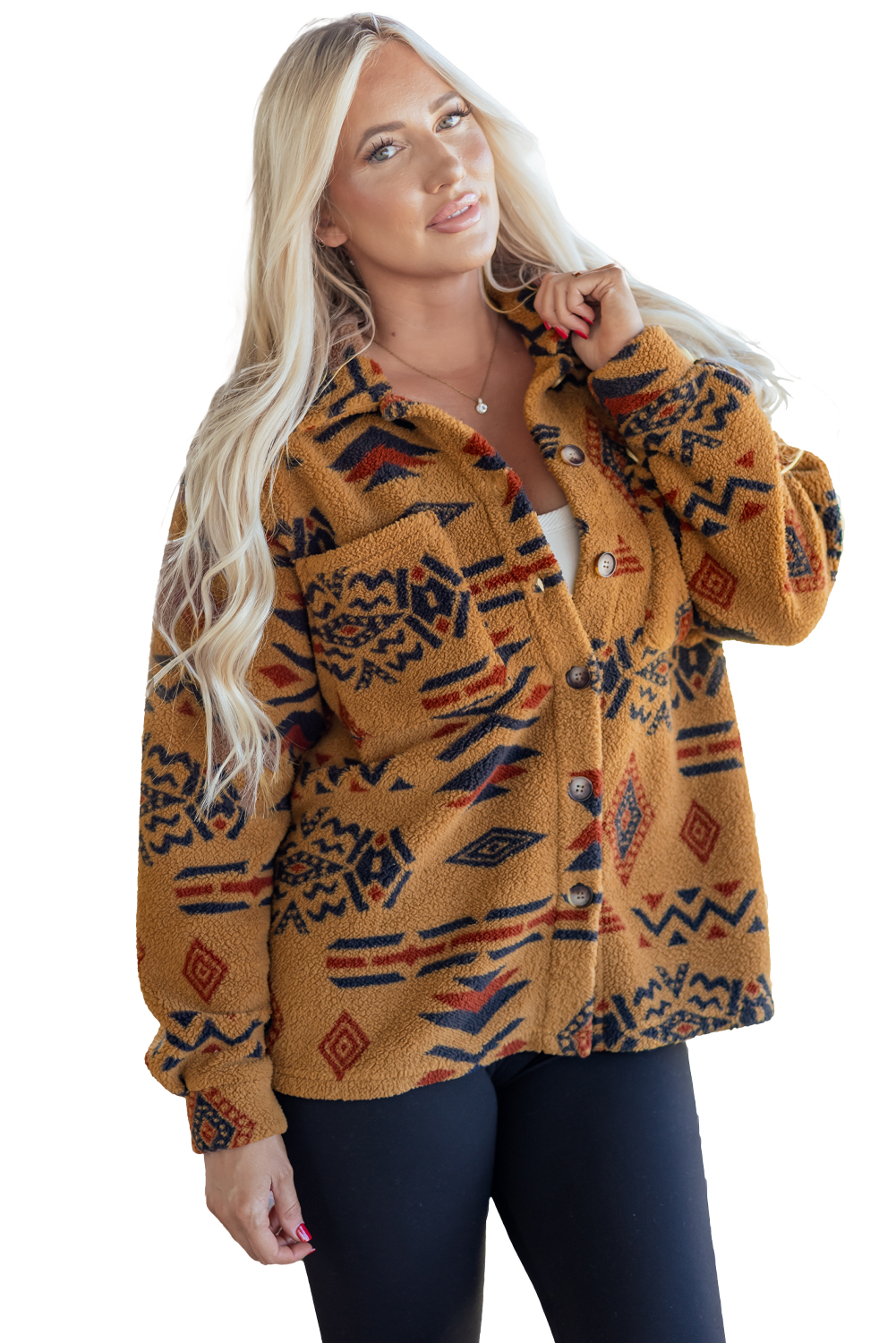 Khaki Western Aztec Pattern Fleece Shacket - loveforevers