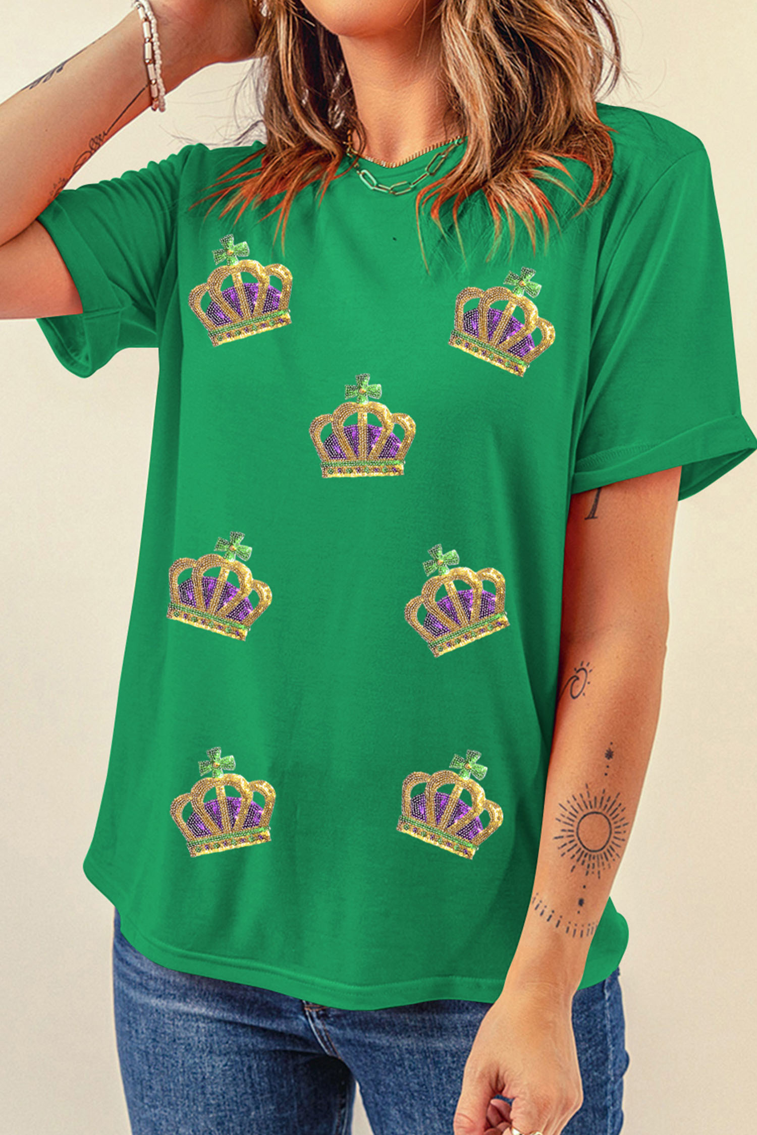 Bright Green Sequin Mardi Gras Crown Rolled Sleeve T Shirt - loveforevers