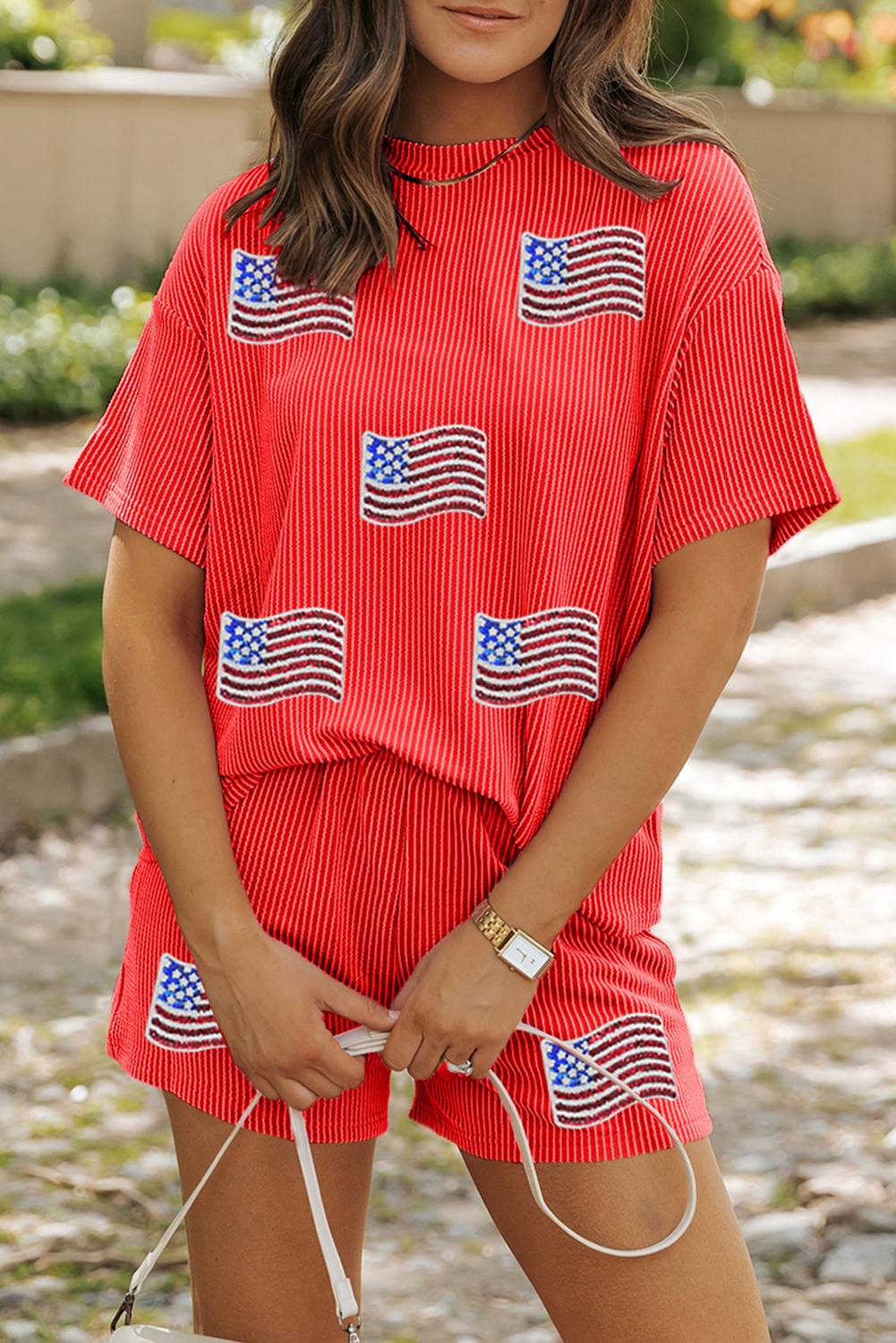 Orange Sequined American Flag Twisted Rib Texture 2pcs Short Set - loveforevers