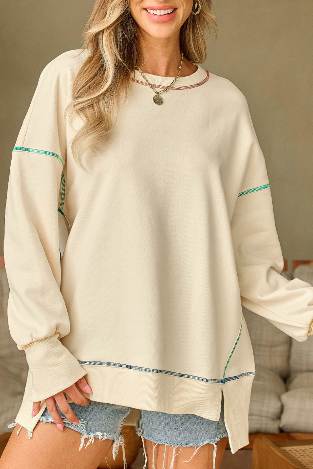 Contrast Stitching Split Baggy Sweatshirt - loveforevers