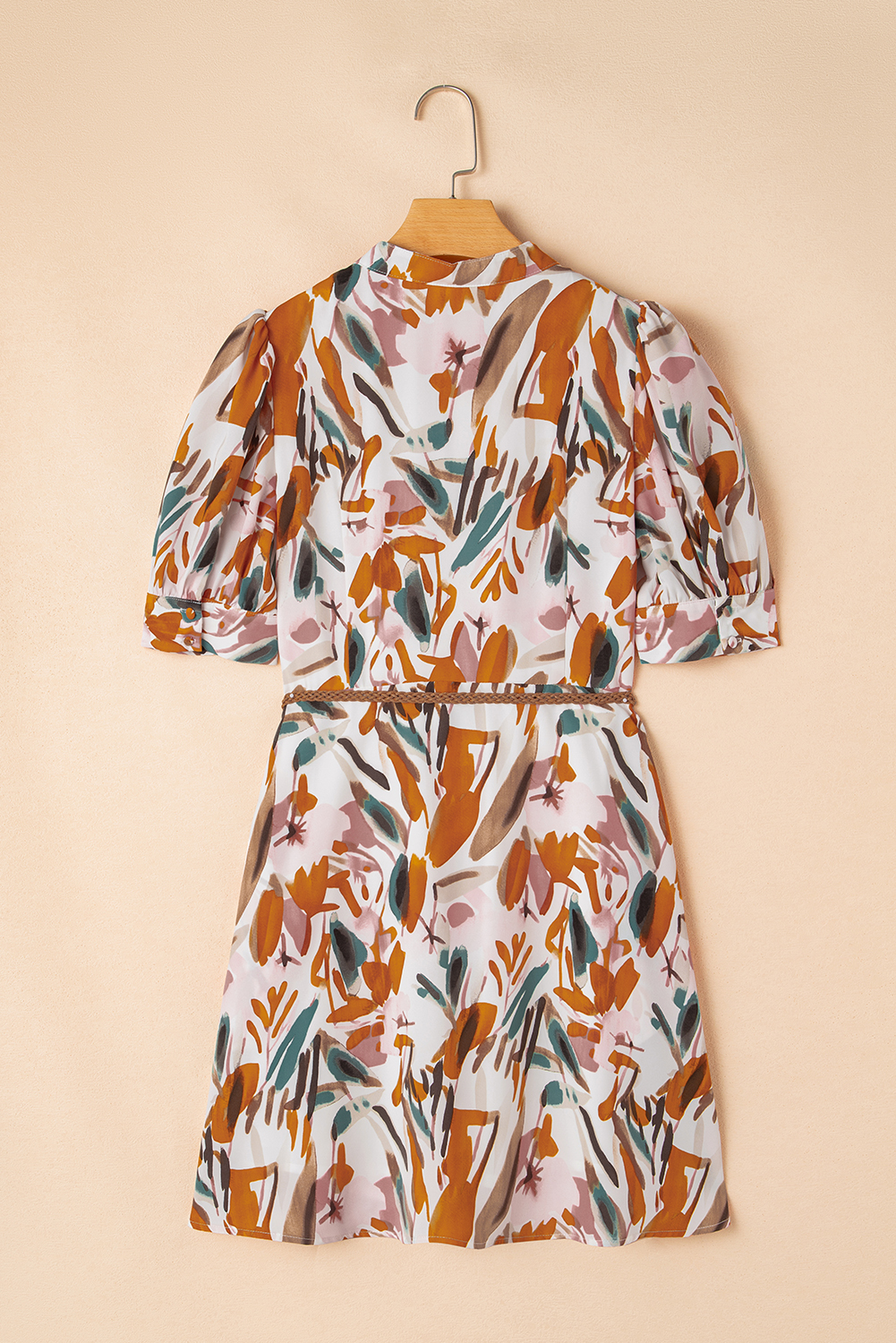 Brown Abstract Printed Puff Sleeve Button Up Braided Belt Mini Dress - loveforevers