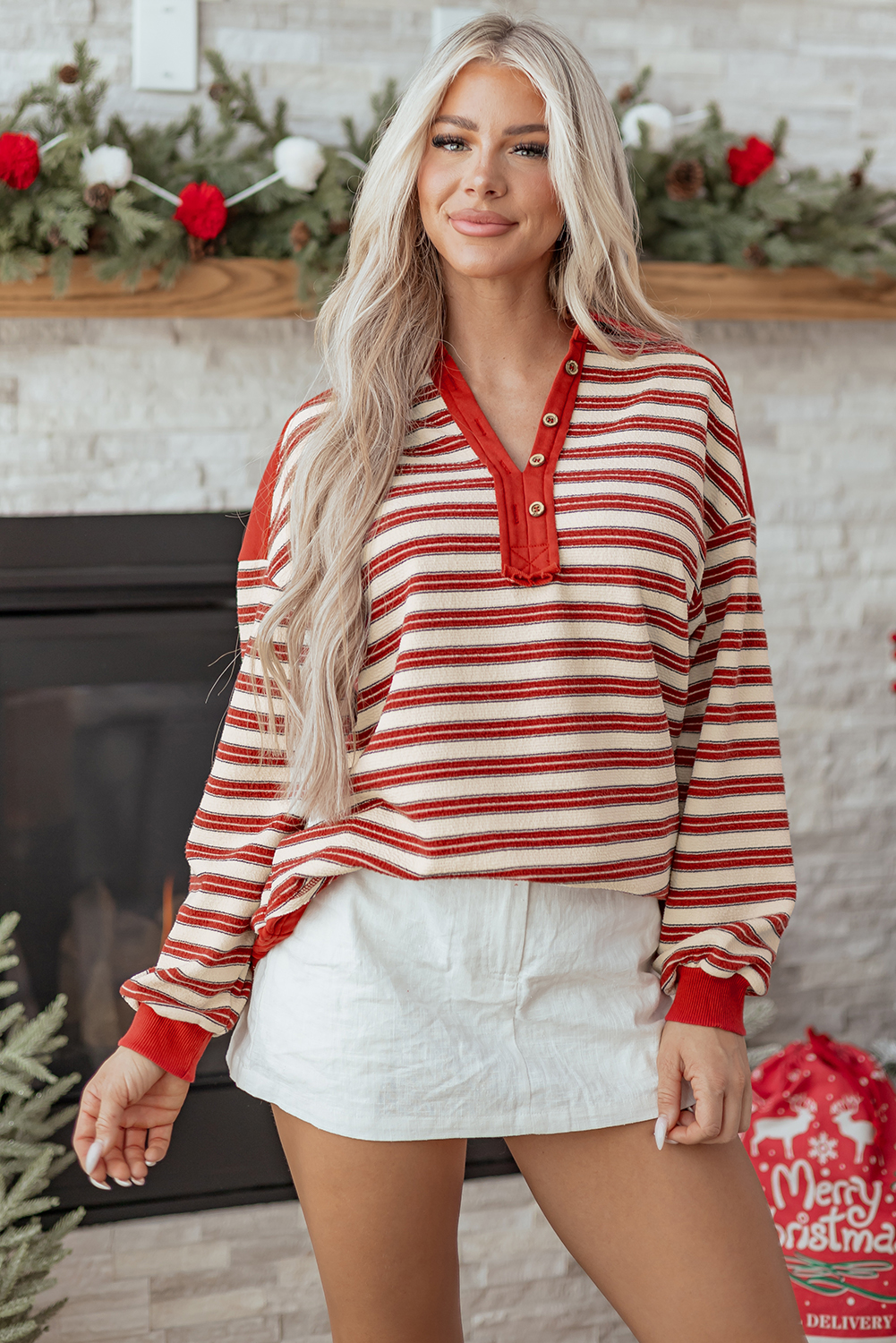 Red Stripe Buttoned V Neck Collared Drop Shoulder Top - loveforevers
