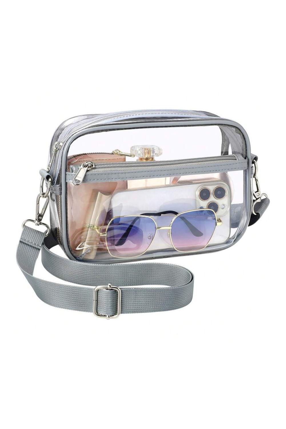 Gray Multi-Pocket Contrast Edge Detachable Strap Clear Shoulder Bag - loveforevers