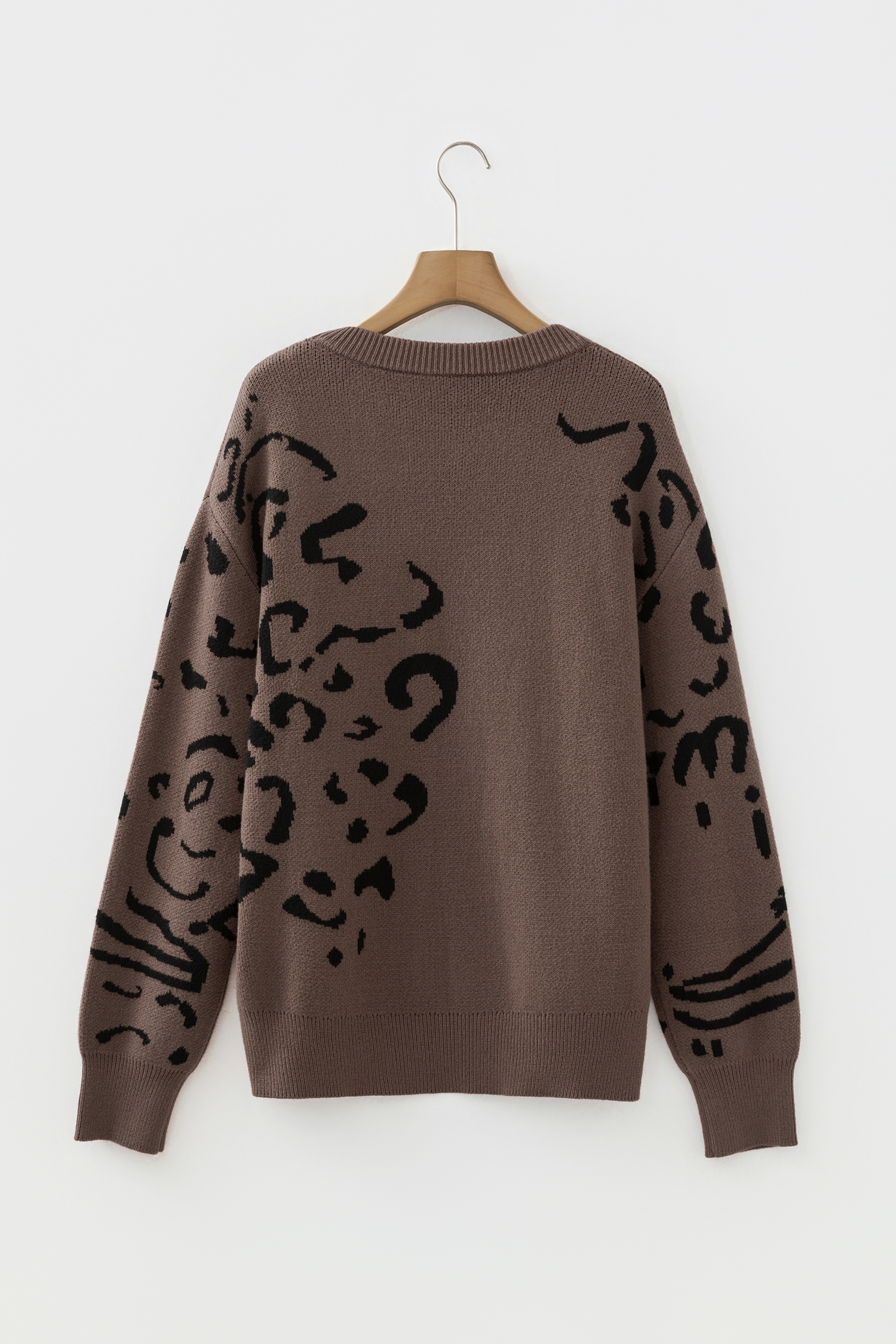 Camel Asymmetric Leopard Print Detail Drop Shoulder Sweater - loveforevers